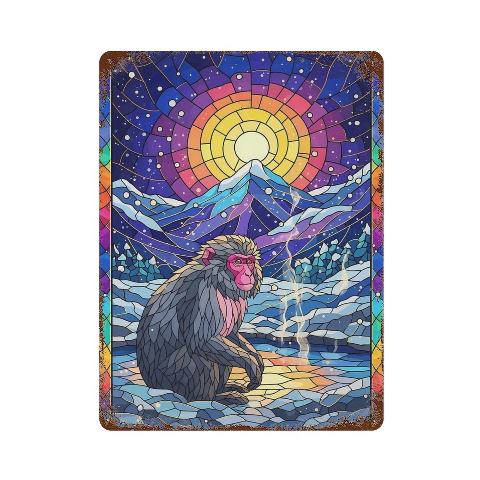 Japanese Macaque Stained Glass Art Decorative Tin Sign 15.7"x11.8", Ideal for Cafe, Home Bar And Lounge Decor