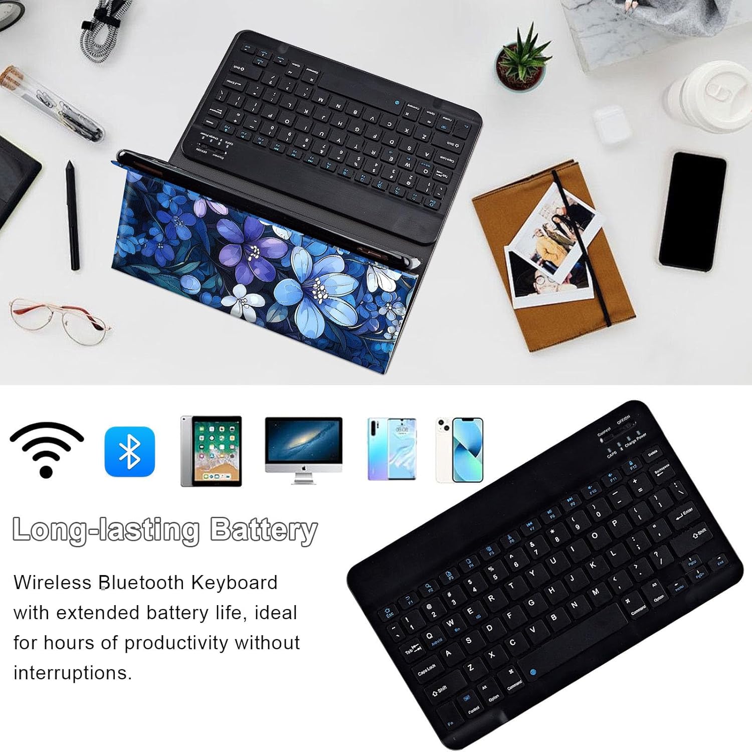 Keyboard Case for iPad 11th (A16, 2025) and iPad 10th Generation 10.9 inch (2022), Slim Folio Cover with Detachable Bluetooth Keyboard & Kickstand, Protective Blue Floral Art Design Design