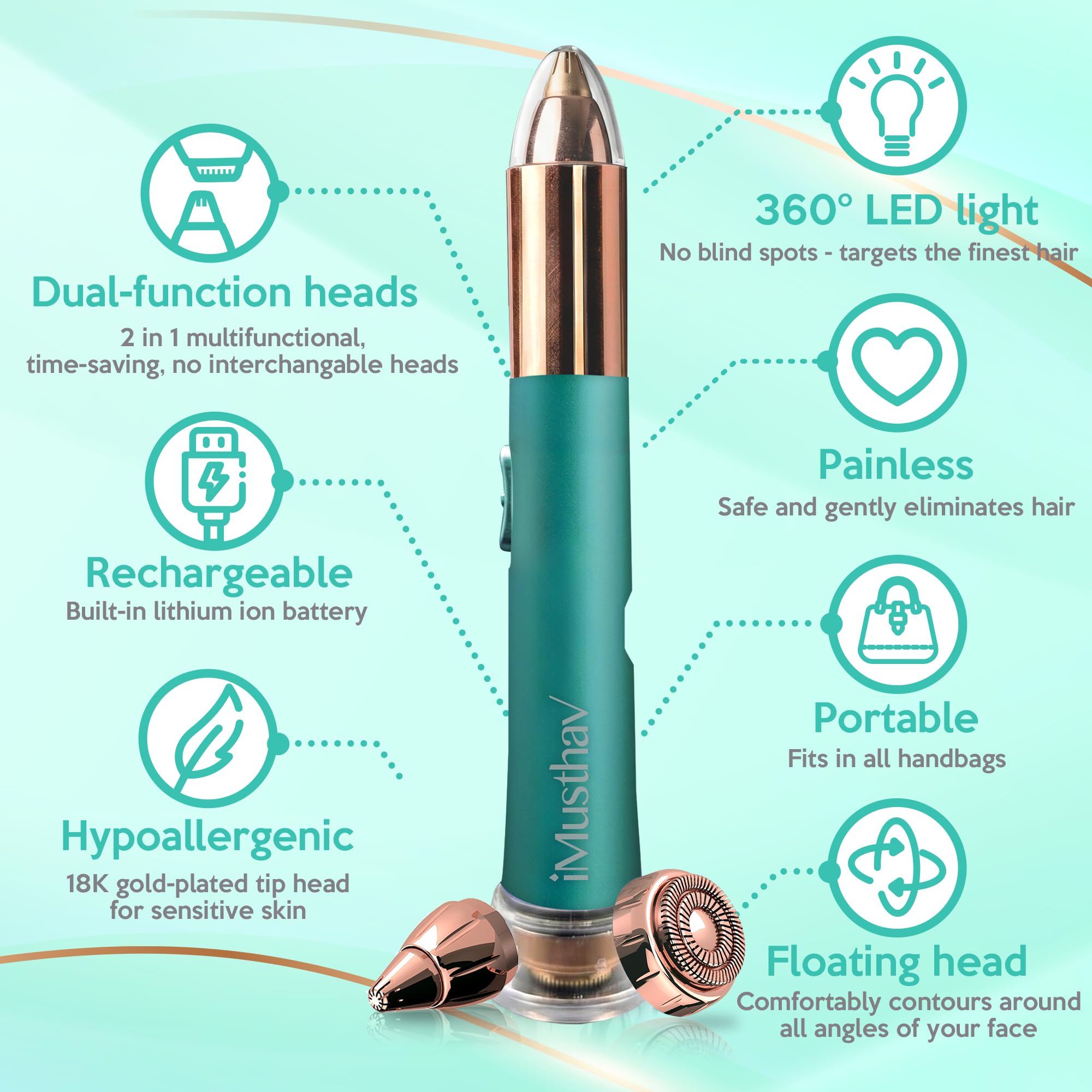 Removedor de cejas y vello facial 2 en 1 para mujeres, afeitadora eléctrica sin dolor, con chapado en oro de 18 quilates, recargable por USB, LED de 360° para depilación impecable de cejas y