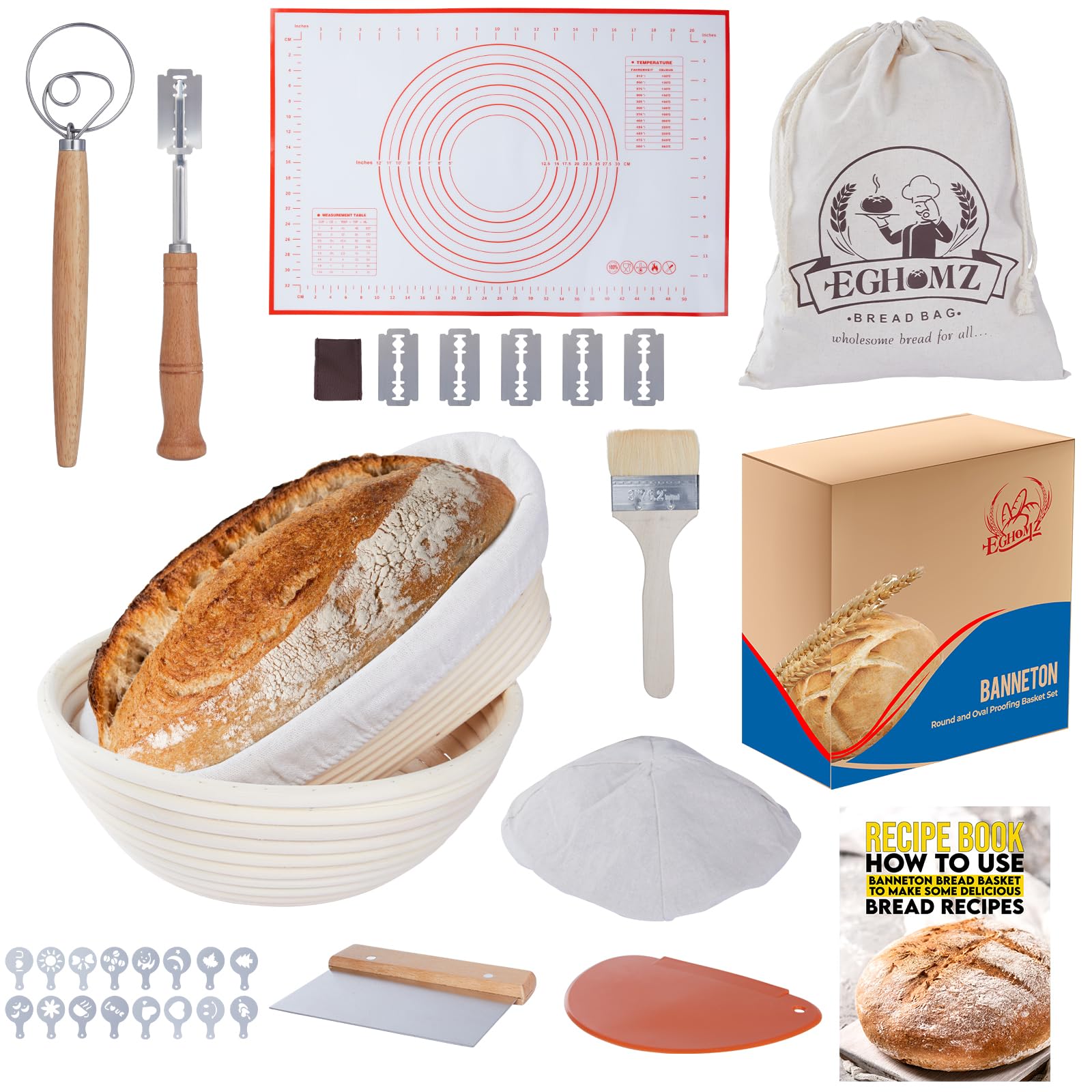 Set di 17 cestini per lievitazione del pane Banneton, rotondi da 22,9 cm e ovali da 25,4 cm, kit completo per la preparazione del pane, frusta danese, raschietto, raschietto per impasto, e lame per