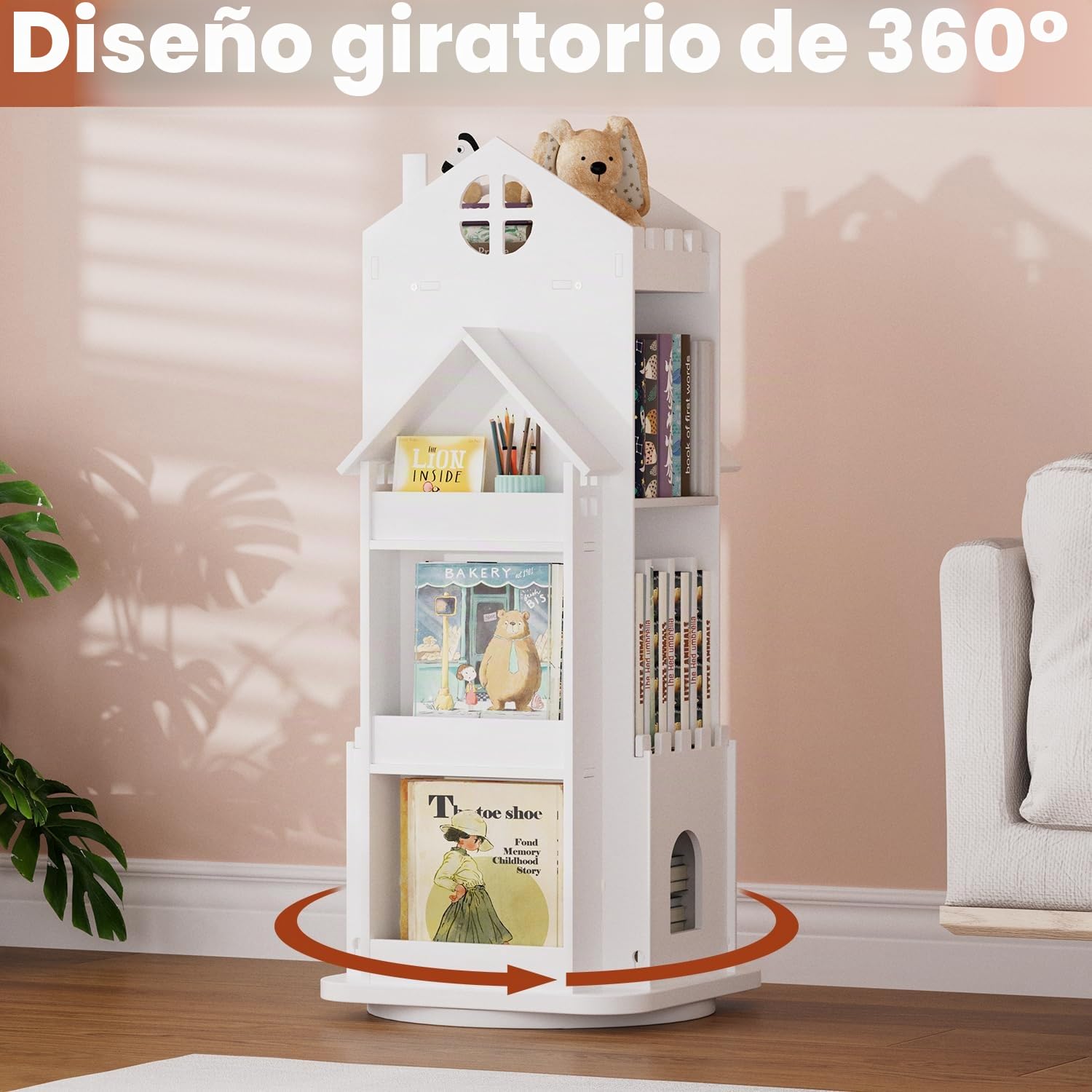 Nisorpa Estantería giratoria para niños con forma de casa, estantería blanca para niños, estantería de pie para niños, estantería giratoria para habitación de niños