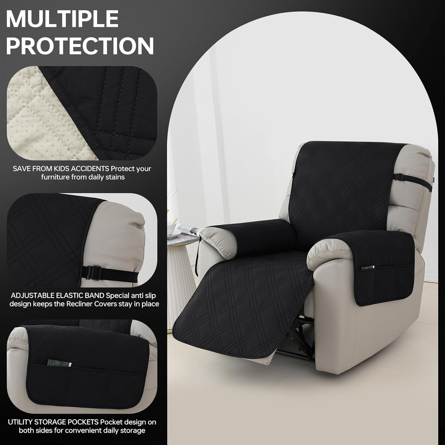 Deisy Dee Waterproof Recliner Chair Covers with Storage Pocket - Extend Sofa Life, Comfortable & Washable, Available in 10 Colors (Black, 24.8 ")