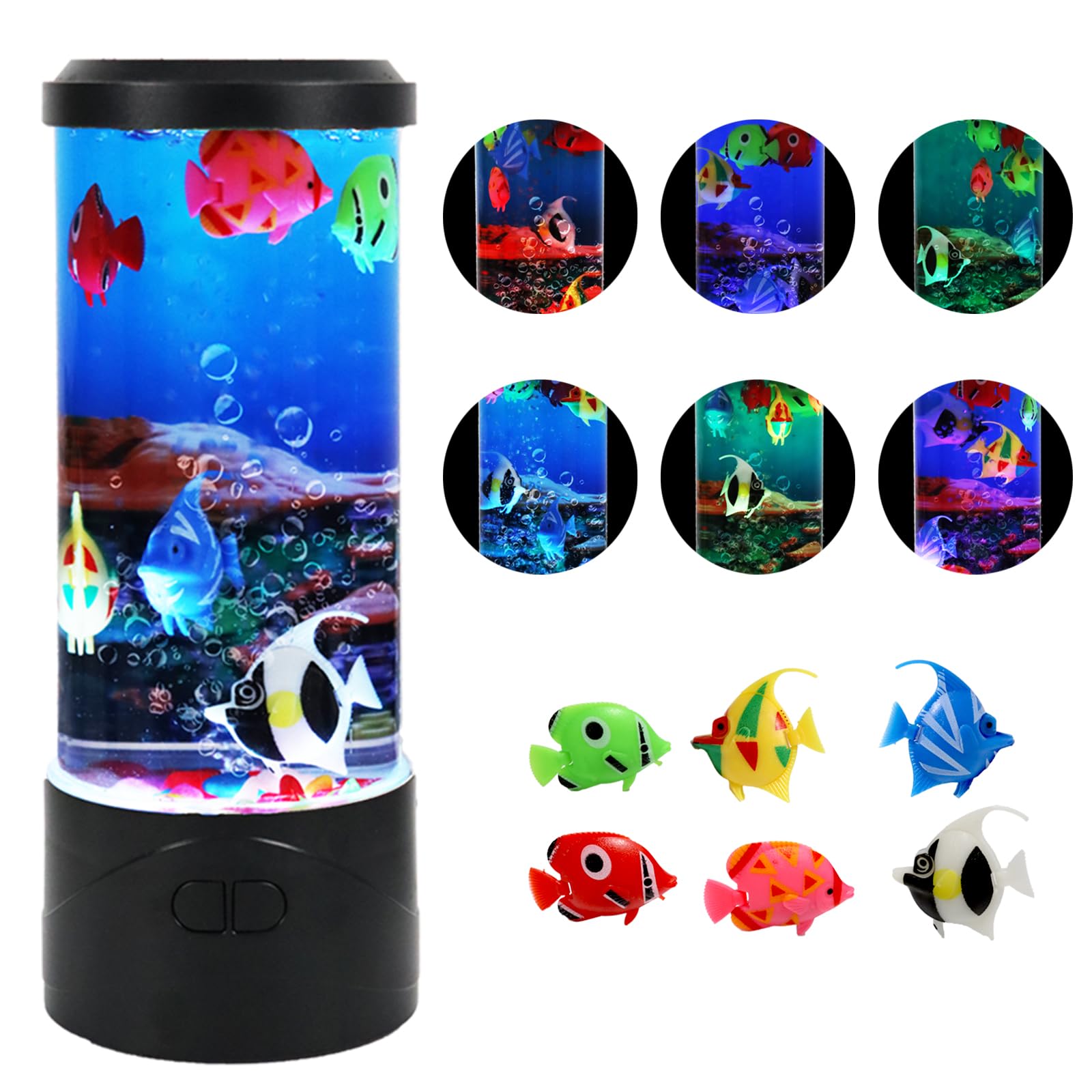 Toycol Bubble Aquarium Lamp | Fish Lamp Kit with 6 Fake Swimming Fish | Sensory Night Light with Energy-Safe USB Powered | 7 Color Changing Mood Light for Kids Bedroom, Desk, Office Decor and Gifts