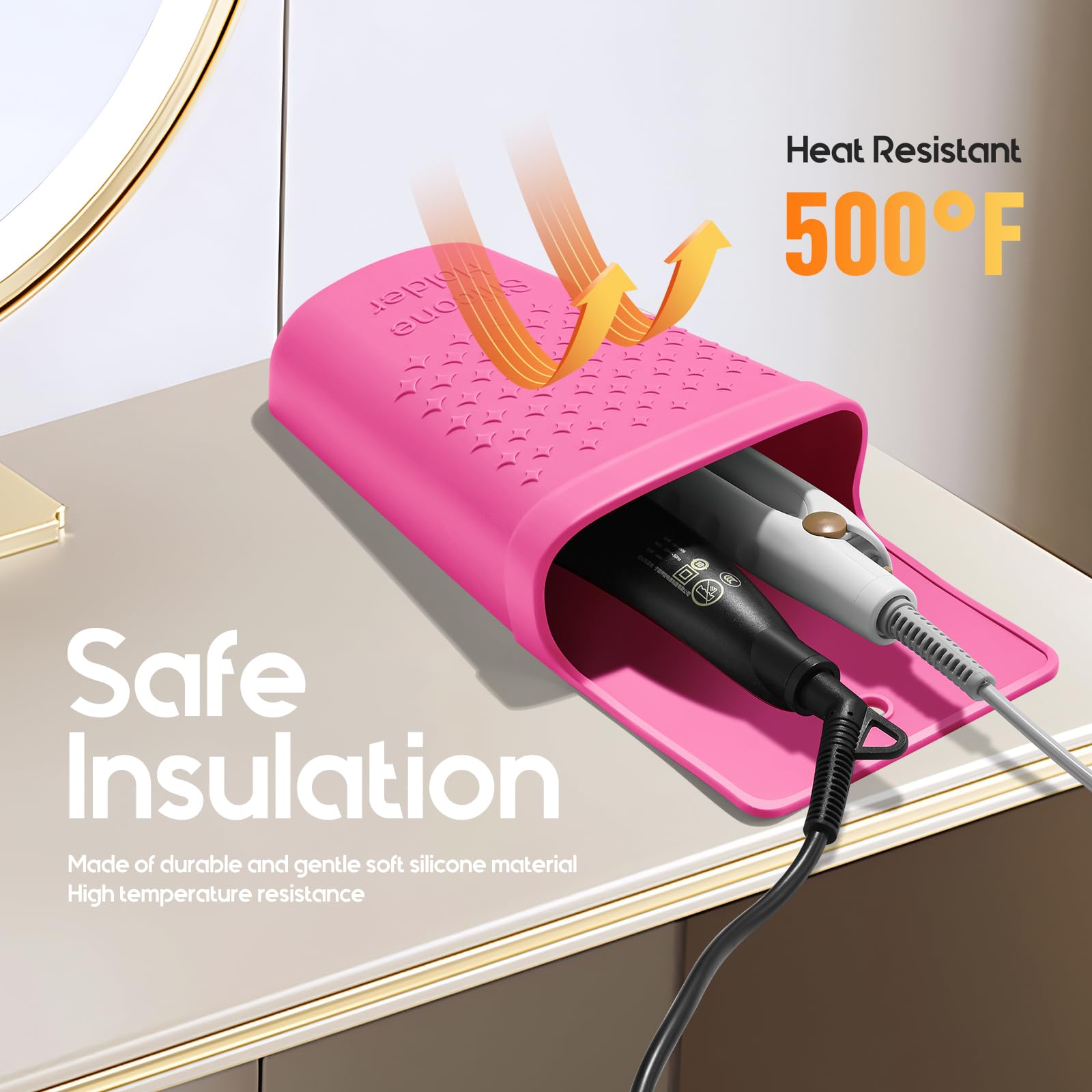 ZAKRA Soporte para rizador, soporte de silicona resistente al calor para plancha plana, alisador de pelo, herramientas de cabello caliente, accesorios de tocador con gancho de acero inoxidable (rosa