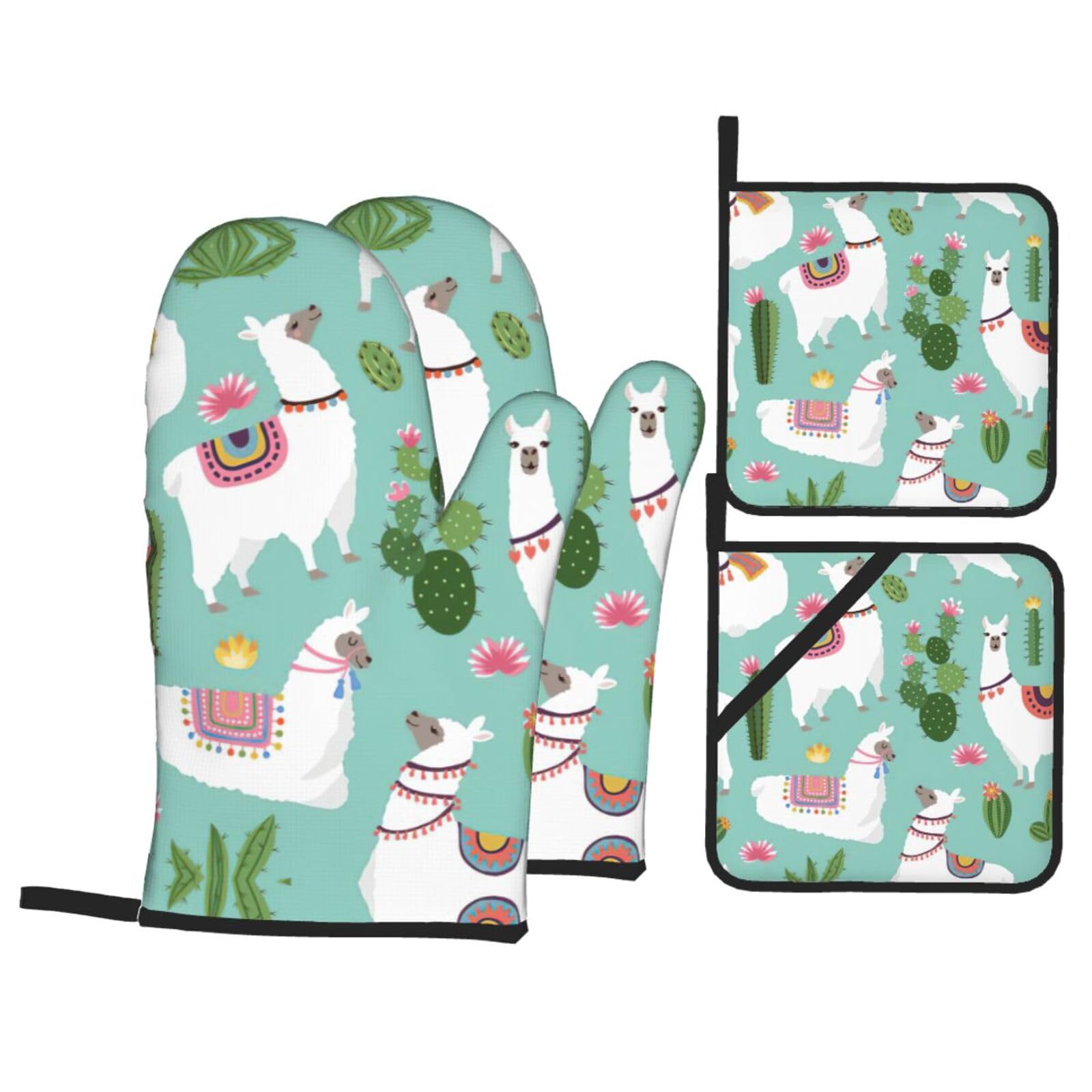 Tropical Llama Alpaca Cactus Flower Print Stylish 4-Piece Microwaving Oven Waterproof Kitchen Gloves Baking Holiday Cooking