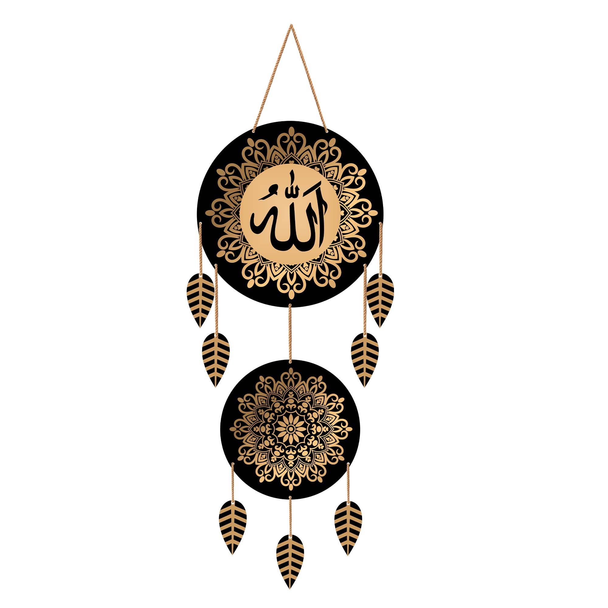 Decor Smart Wooden Wall Hanging | Allah Calligraphy Dreamcatcher | Islamic Mandala Design | Elegant Black and Golden Decorative Wall Art for Living Room Bedroom Prayer Room Home Decor (DWA_6309)-image-35