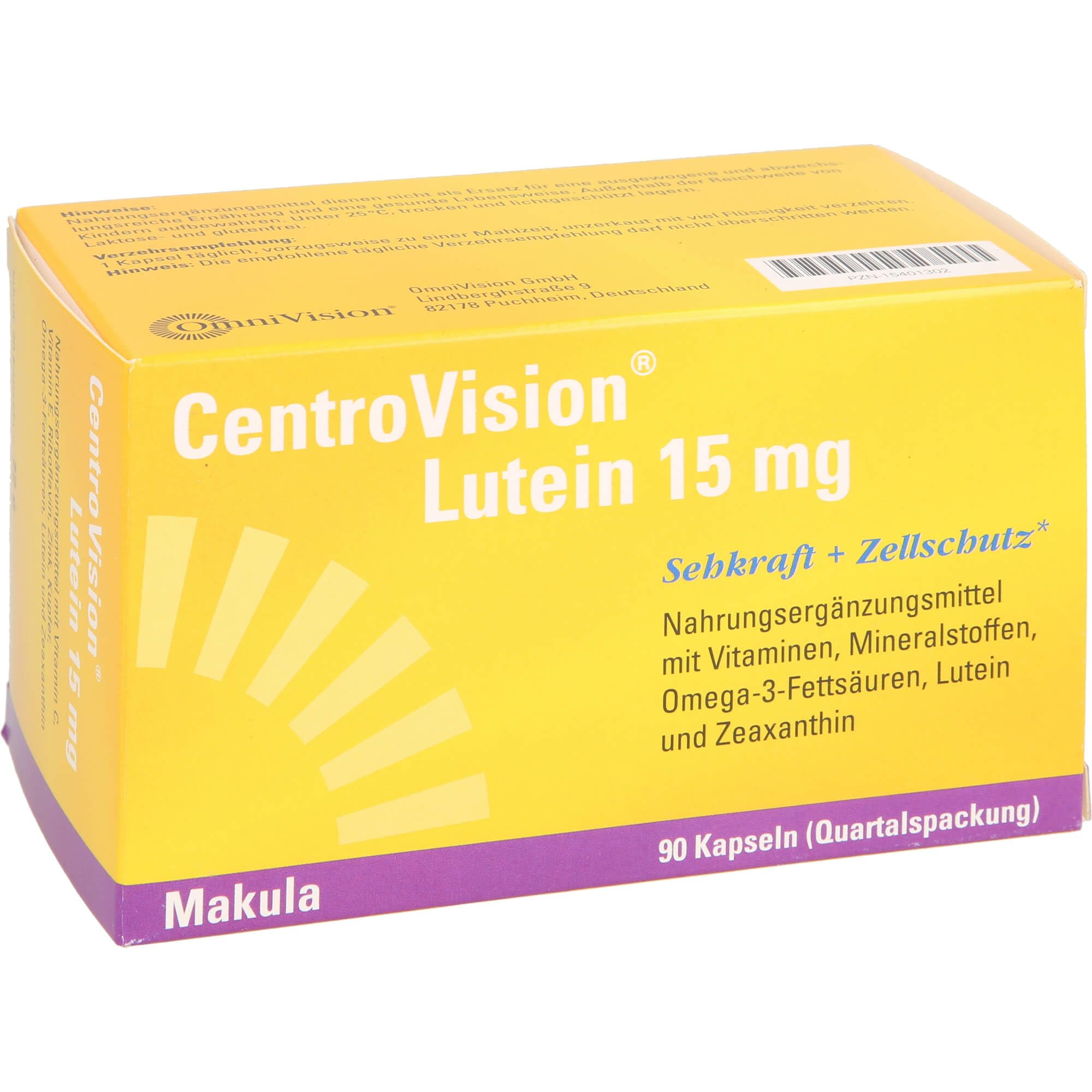 CentroVision Lutein 15 mg – Zur Erhaltung der normalen Sehkraft, Nahrungsergänzungsmittel mit Vitamin C, Vitamin E, Vitamin B2, Zink, Kupfer, Omega-3-Fettsäuren, Lutein und Zeaxanthin, 90 St.