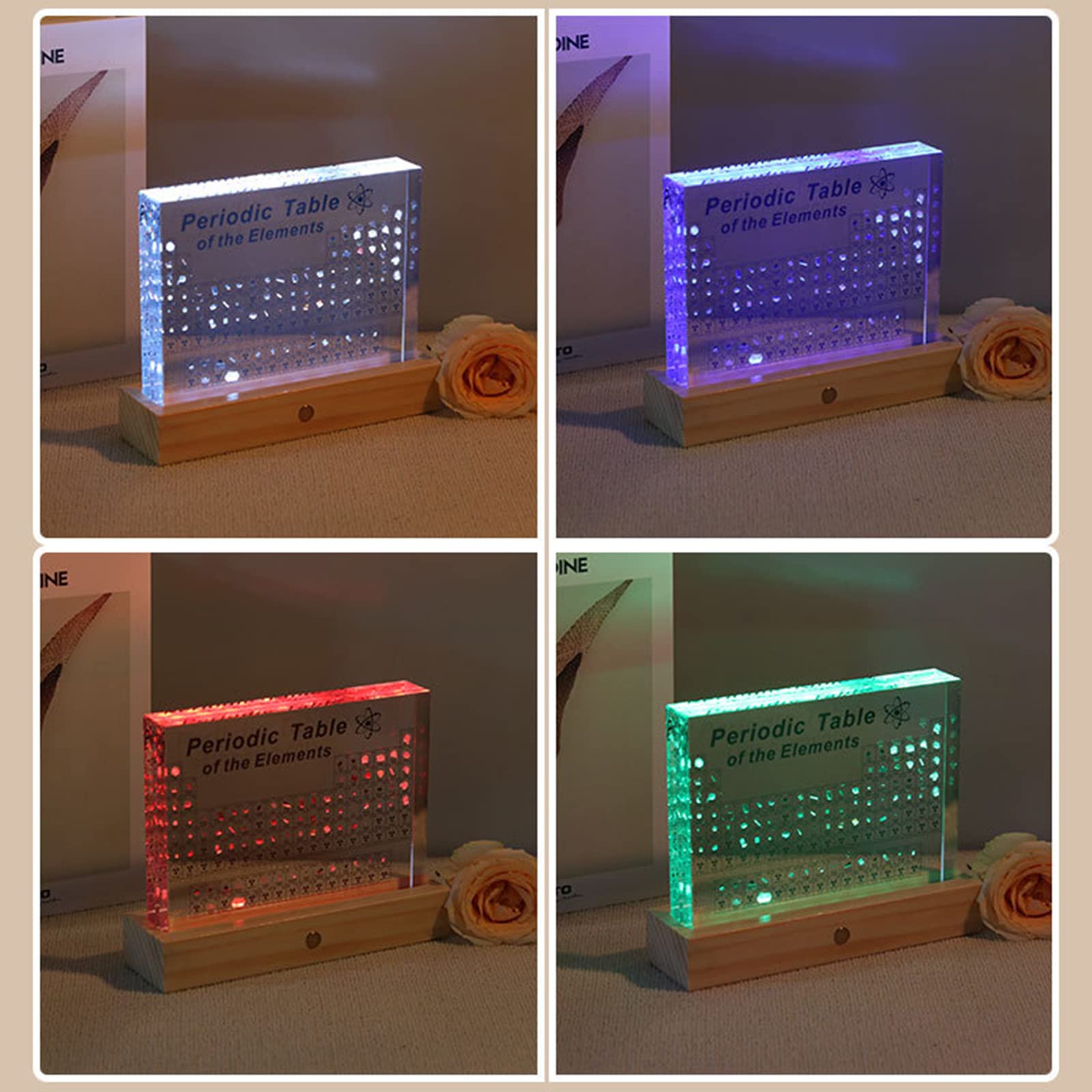 Elements Periodensystem aus Acryl mit 83 echten Proben und bunten LED-Lichtern für Wissenschaftsliebhaber, Studenten, um Chemiediagrammwerkzeuge, Geschenke und Basteldekoration zu lernen