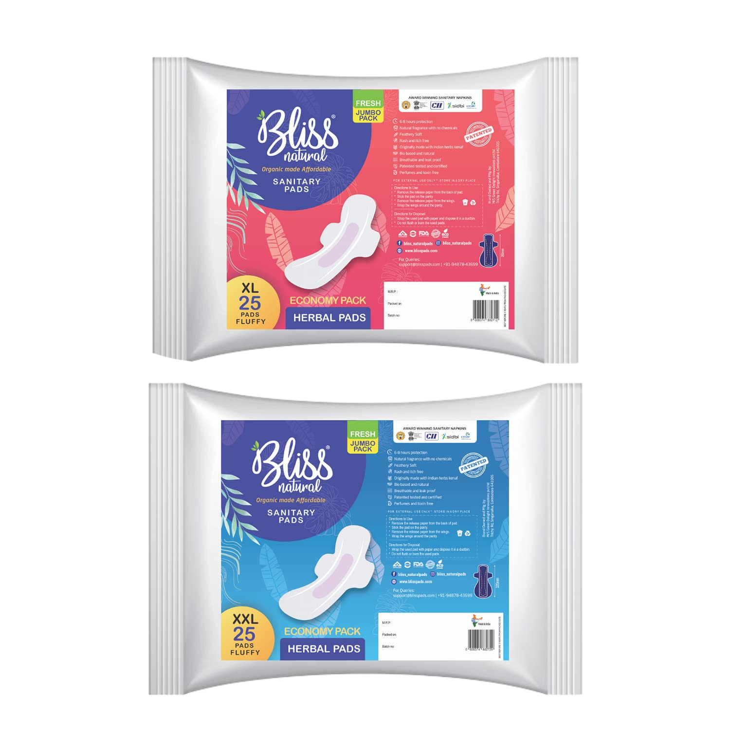 Mama Quilla Herbal Sanitary Pads-Guilt Free Periods - Leakage Protection, Flow Type- XL Regular Flow & XXL Heavy Flow & Overnight Pad - 25XL+ 25XXL 50 PCS Combo Pack