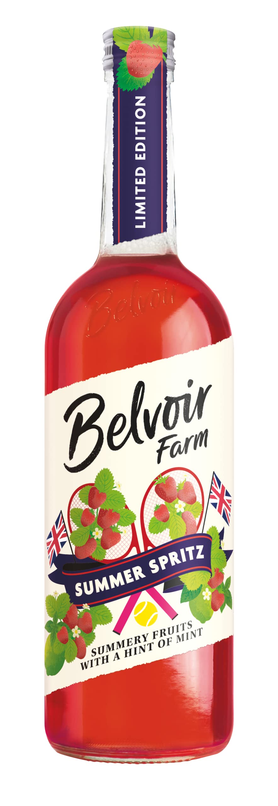 BelvoirFarm Summer Spritz - Refreshing Real Summer Fruit Juices, Strawberries & Mint, 100% Natural Ingredients, No Added Sugar, Gluten Free, Vegan 6 x 750ml Glass Bottles