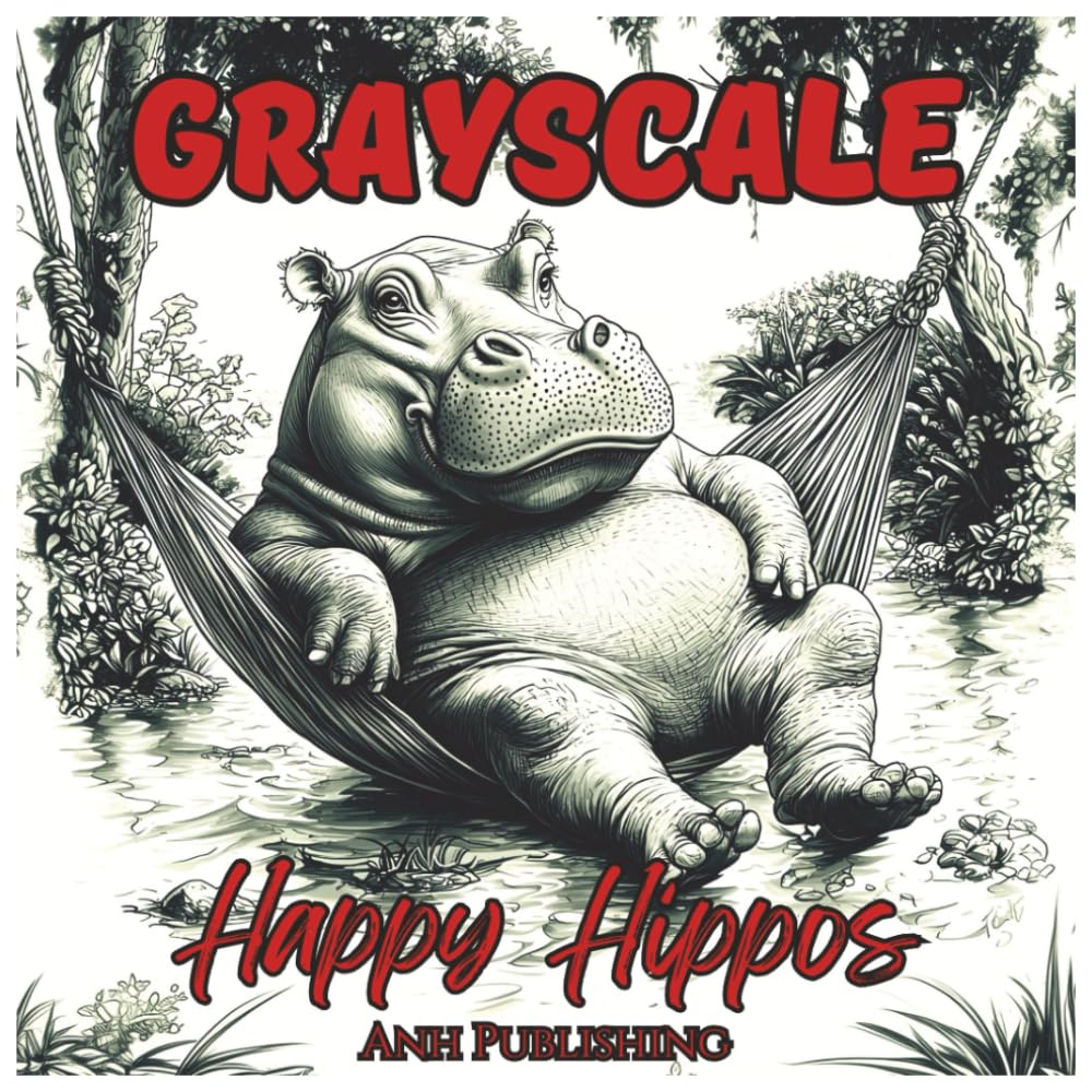 Grayscale Happy Hippos: Fun Coloring Book for Teens and Adults: Relaxing Grayscale Hippo Illustrations for Stress Relief, Mindfulness, and Creative Coloring Joy (Grayscale Animal Coloring Series)
