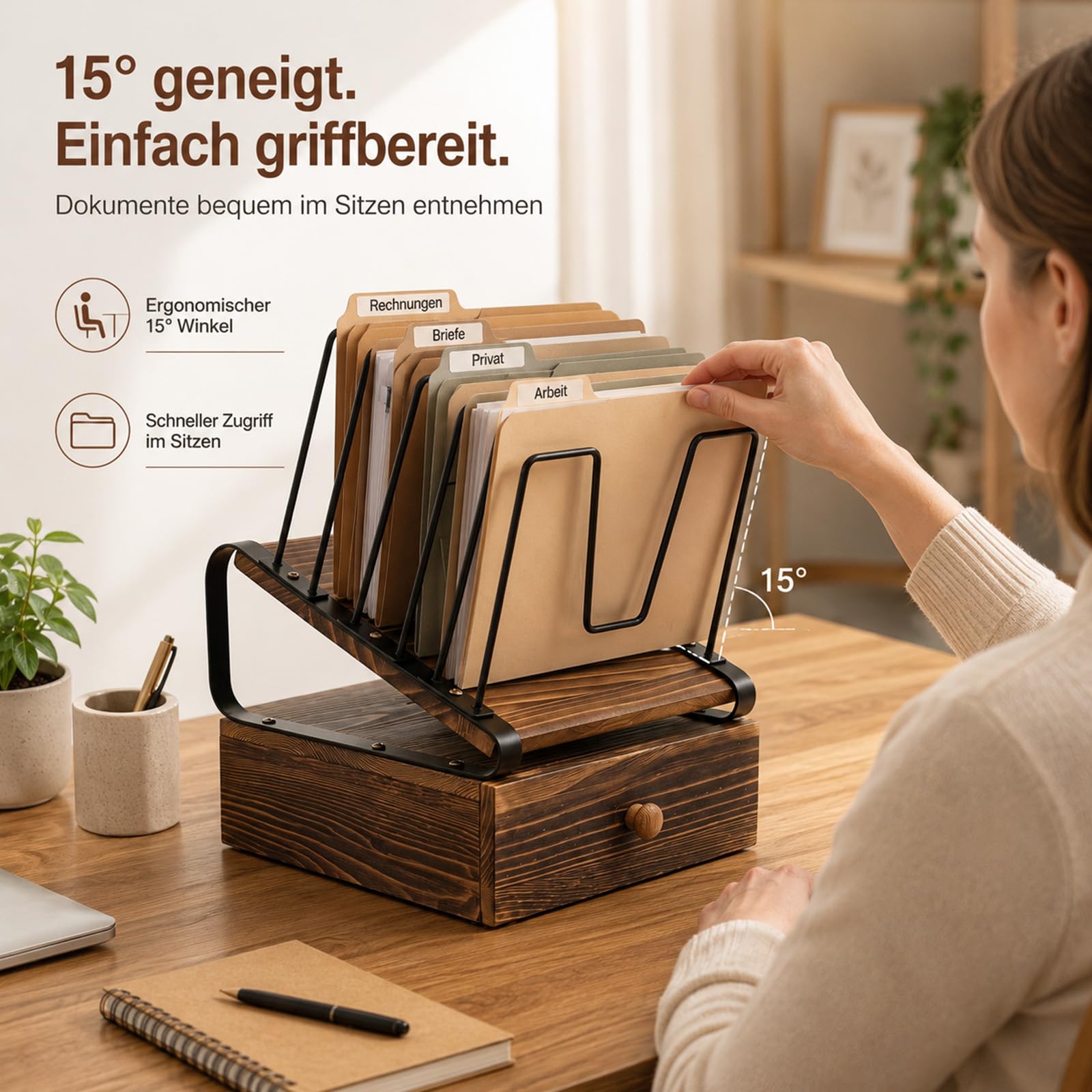 Büro Dokumentenablage Holz, Briefablage A4, Schreibtisch Organizer Holz | 5 Ebenen, Desk, Schublade, Stehsammler Papierablage für Home Office Regal, Schule und Aktenordnung