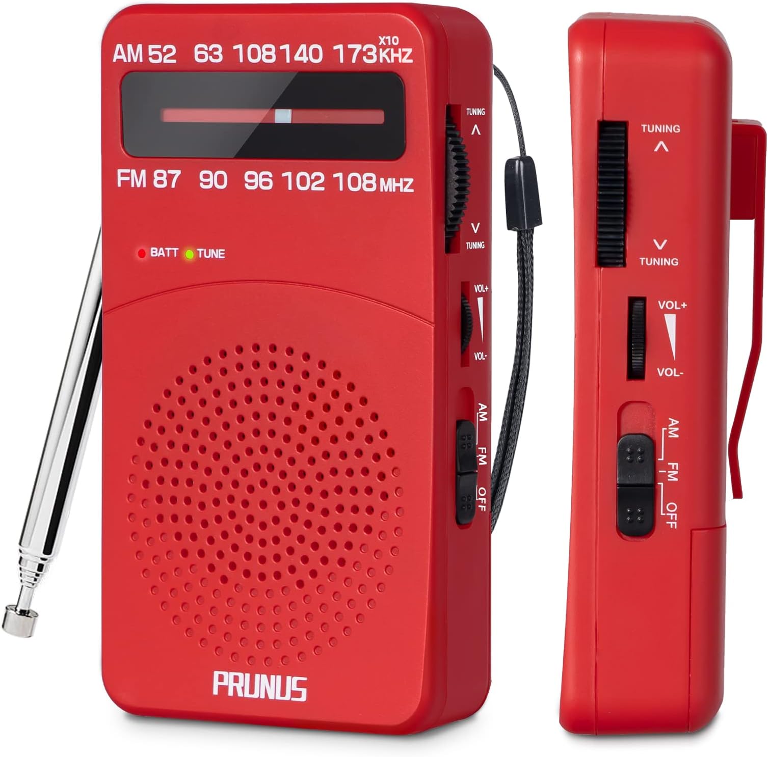 PRUNUS J-166 Portable Radio AM FM, Battery Operated Radio with Tuning Light, Back Clip, Excellent Reception, AM FM Radios Portable, Transistor Radios