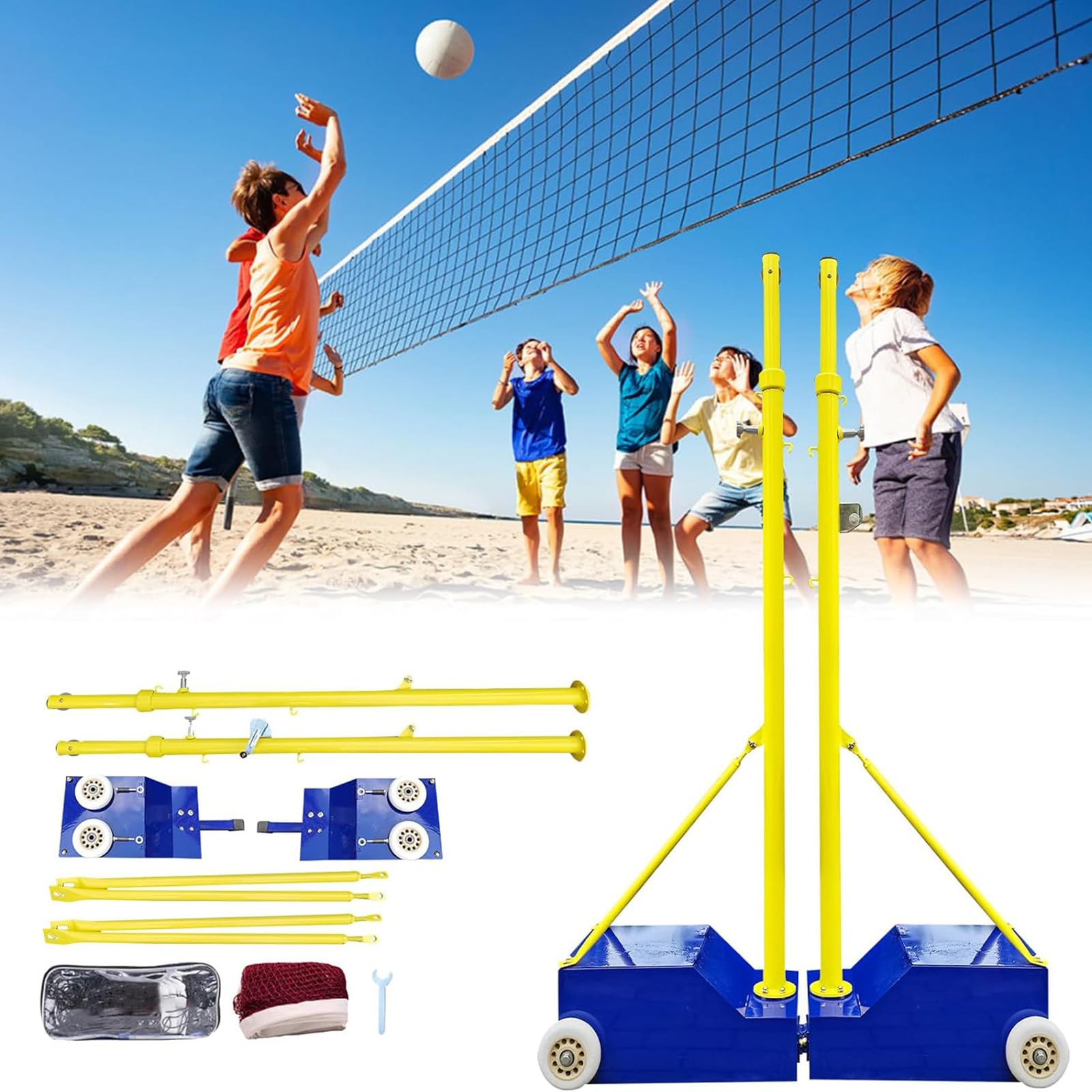PtaTritious Badminton Net Frame Poles, Volleyball net Steel Volleyball/Badminton Fillable Stand with Wheels Indoor & Outdoor, for Backyard Badminton Poles for Indoor Outdoor Training