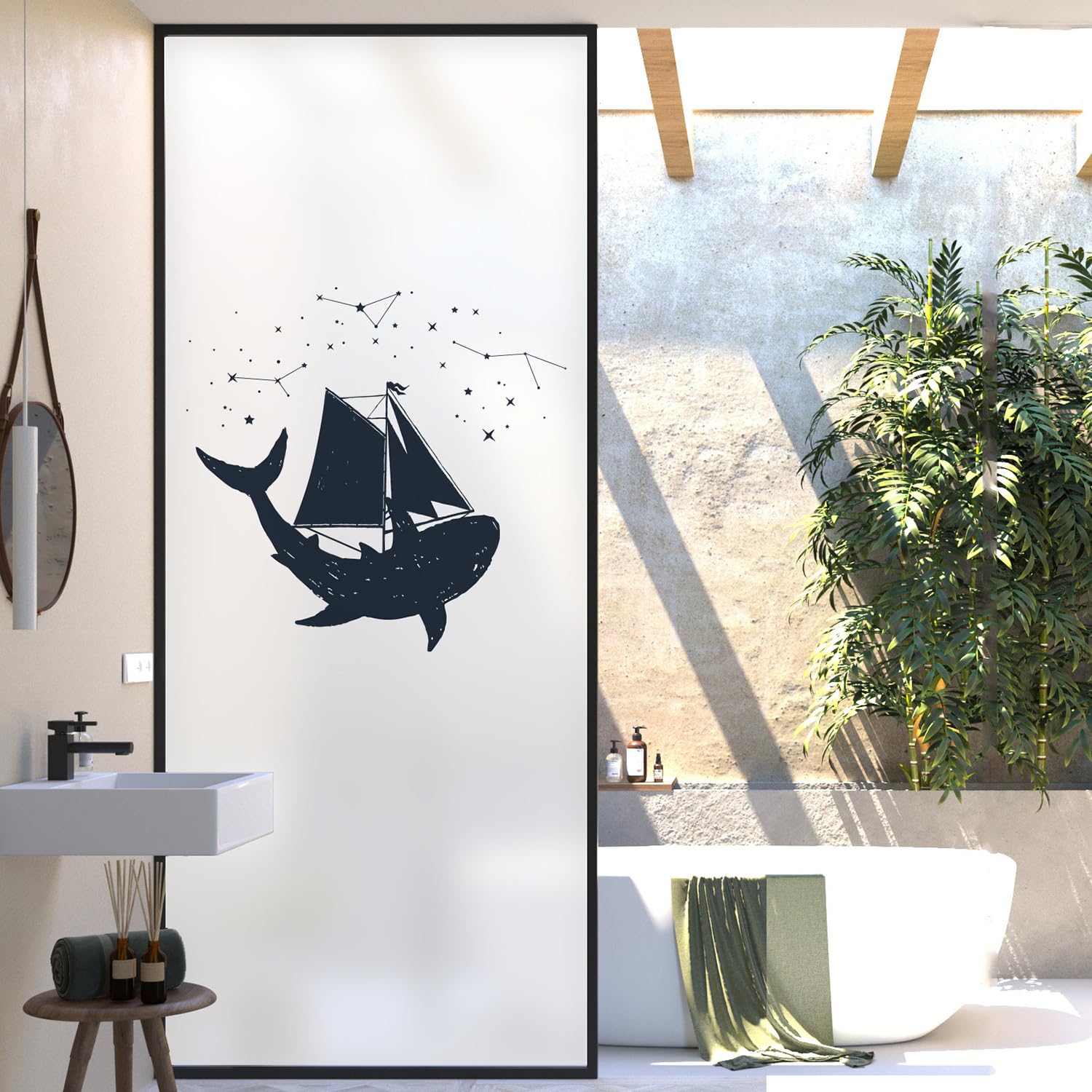XQKXHZ One Way Window Film Privacy Day and Night,Frosted Opaque Window Film Static Cling Glass Decorative Films Sun Blocking Non-Adhesive Premium Vinyl,for Glass Doors,Bathroom,Kitchen,M,60x150cm