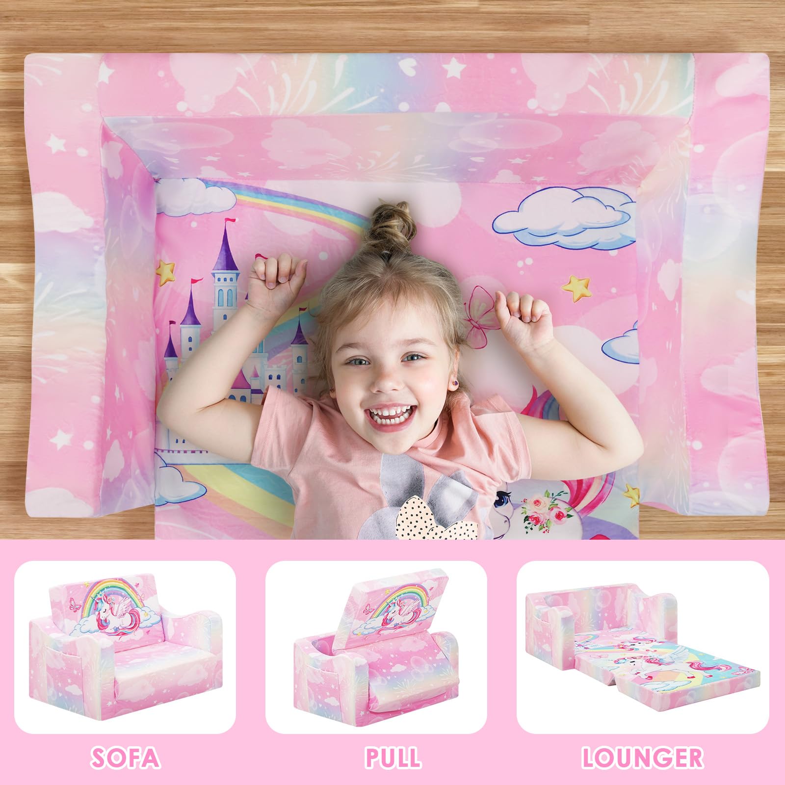 Pieghevole Divano Bambini 2-in-1, Poltroncina per Trasformabile in Lettino, Comoda Stabile Sedia Camere da Letto, Soggiorno e Stanza per i Giochi,Unicorno
