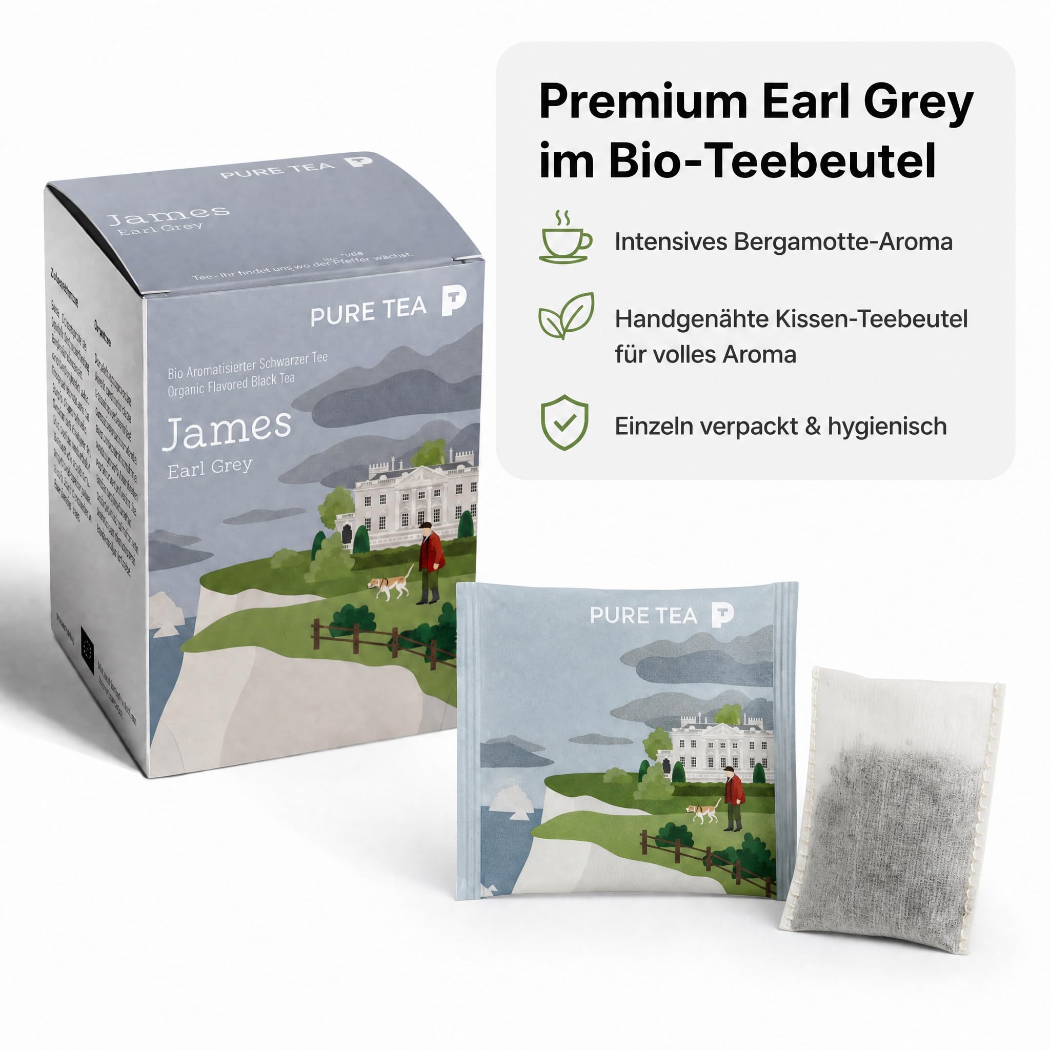 6 x Pure Tea James Earl Grey Teebeutel, Premium-Schwarztee mit Bergamotte, aromatisierter schwarzer Tee im Kissenbeutel, einzeln verpackt in eleganter Dispenserbox, britischer Afternoon-Tea-Genuss