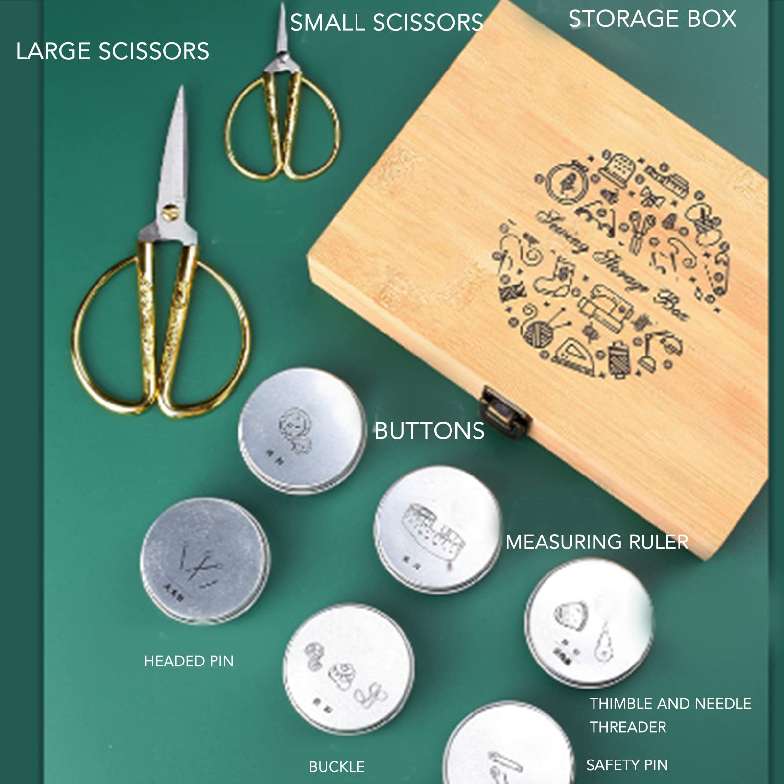 Caja de costura de madera con kit de costura completo, suministros de costura premium, almacenamiento de doble capa para botones, alfileres, hebillas, incluye tijeras, dedal,