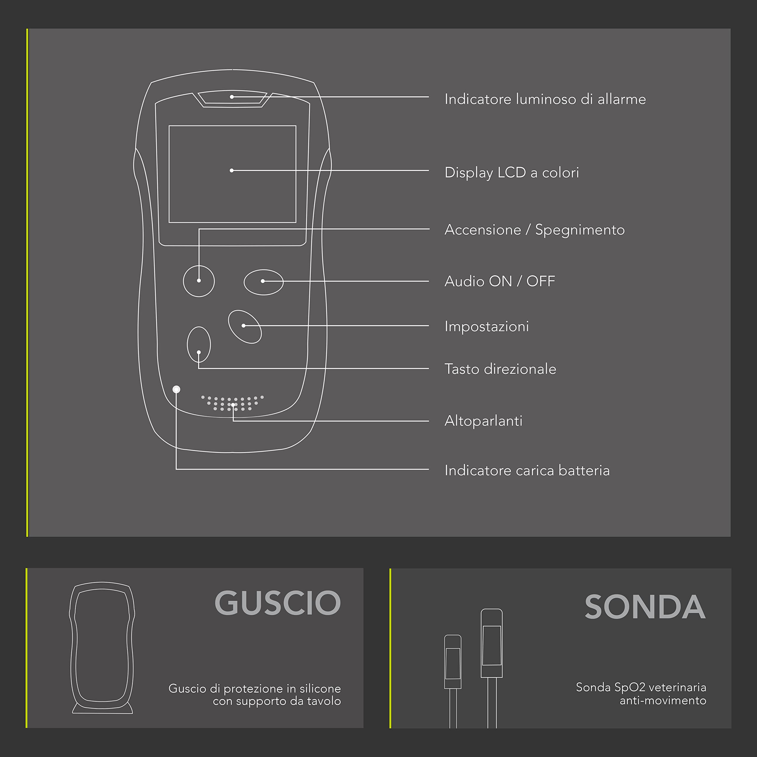 AIESI® Saturimetro Veterinario Palmare con display a colori e sonda linguale anti-movimento A3, Estremamente preciso, Batteria al litio, Guscio di protezione con supporto, Garanzia Italia 24 mesi
