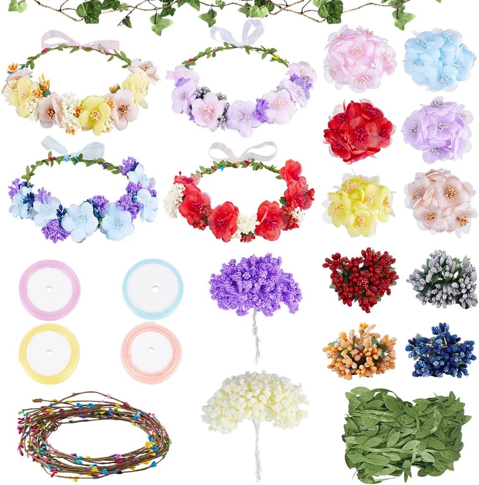 INFUNLY 20 Set Flower Crowns Making Kit Make Your Own Floral Berry Crown Wreath Blossom Garland Headbands Craft Kit DIY Fairy Gypsophila Hair Accessories Handmade for Birthday Party Wedding Decor