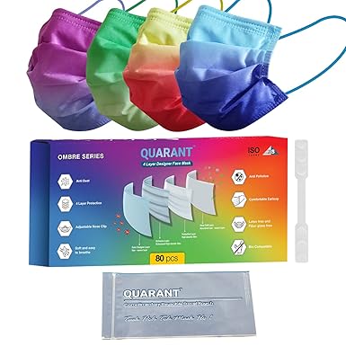 QUARANT Meltblown - Dual SMMS Fabric 4 Ply Designer Protective Face Mask with Nose Clip, Mask Extender and Reusable Travel Pouch, Fashion That's Safe (Ombre Combo, Pack of 80) for Unisex