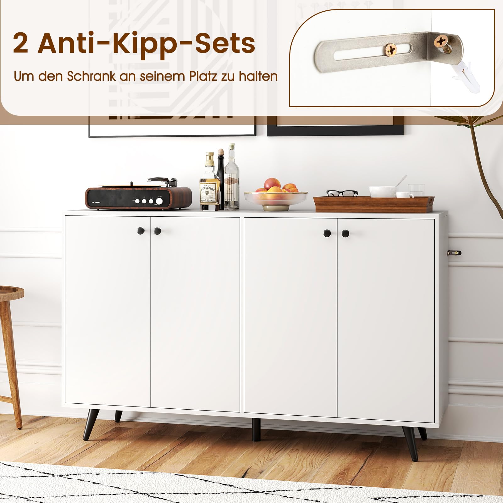 COSTWAY Sideboard Holz, Kommode mit 4 Türen & 5-Fach verstellbare Ablagen, Anrichteschrank Buffetschrank Küchenschrank, Schrank modern, für Wohnzimmer, Küche, Esszimmer, 127,5 x 38 x 80 cm, Weiß