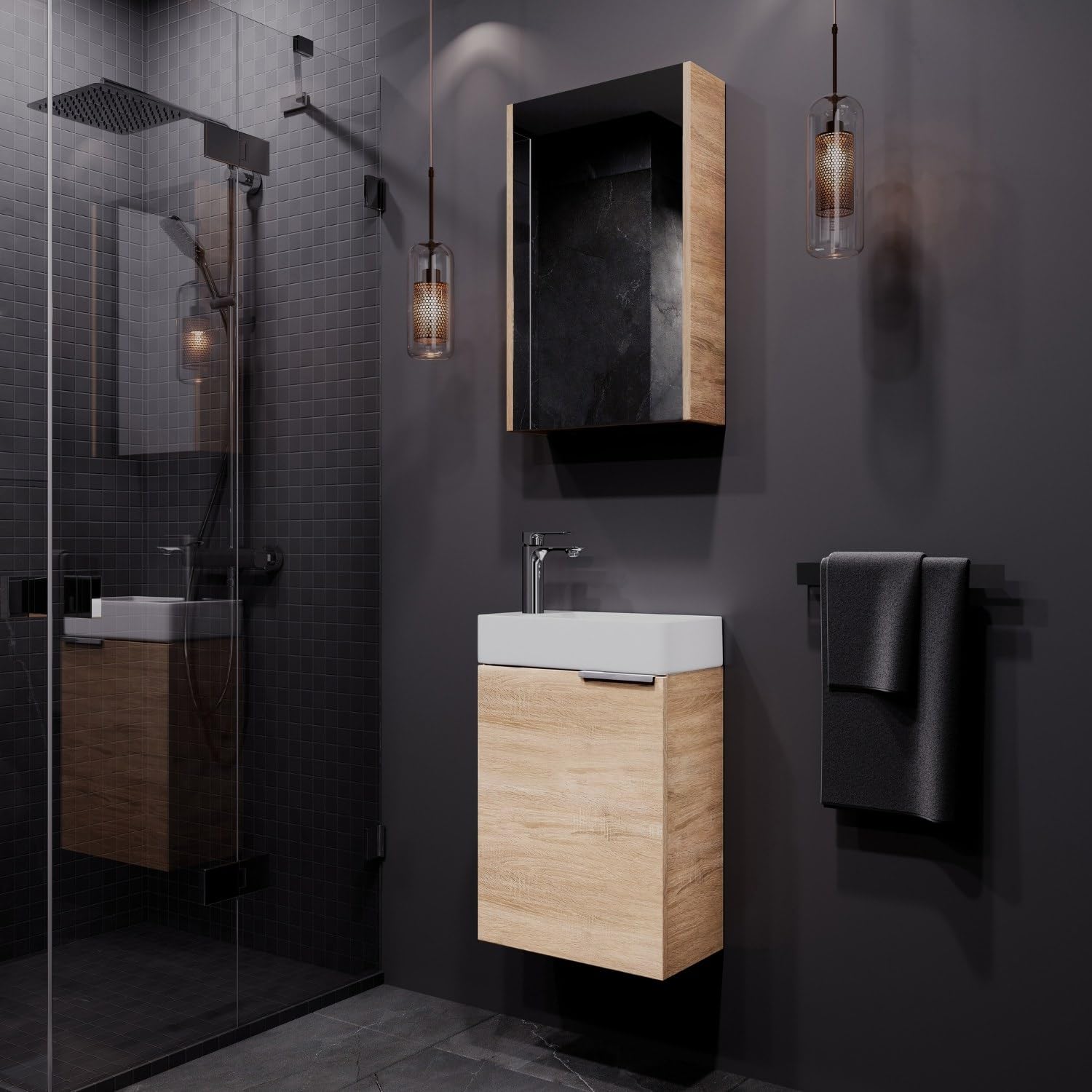 Planetmöbel Waschtischunterschrank mit Spiegelschrank Badmöbel Set 40cm für Badezimmer Gäste WC Sonoma Eiche