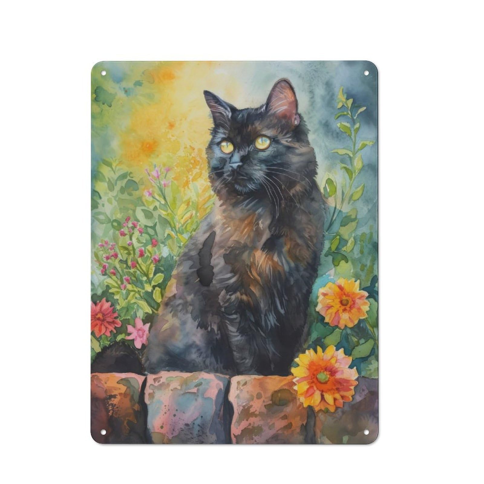 Metal Plaque 40x30cm with Cat Floral Painting for Hallway Wall, Retro Decor, for Wall Display Collectors