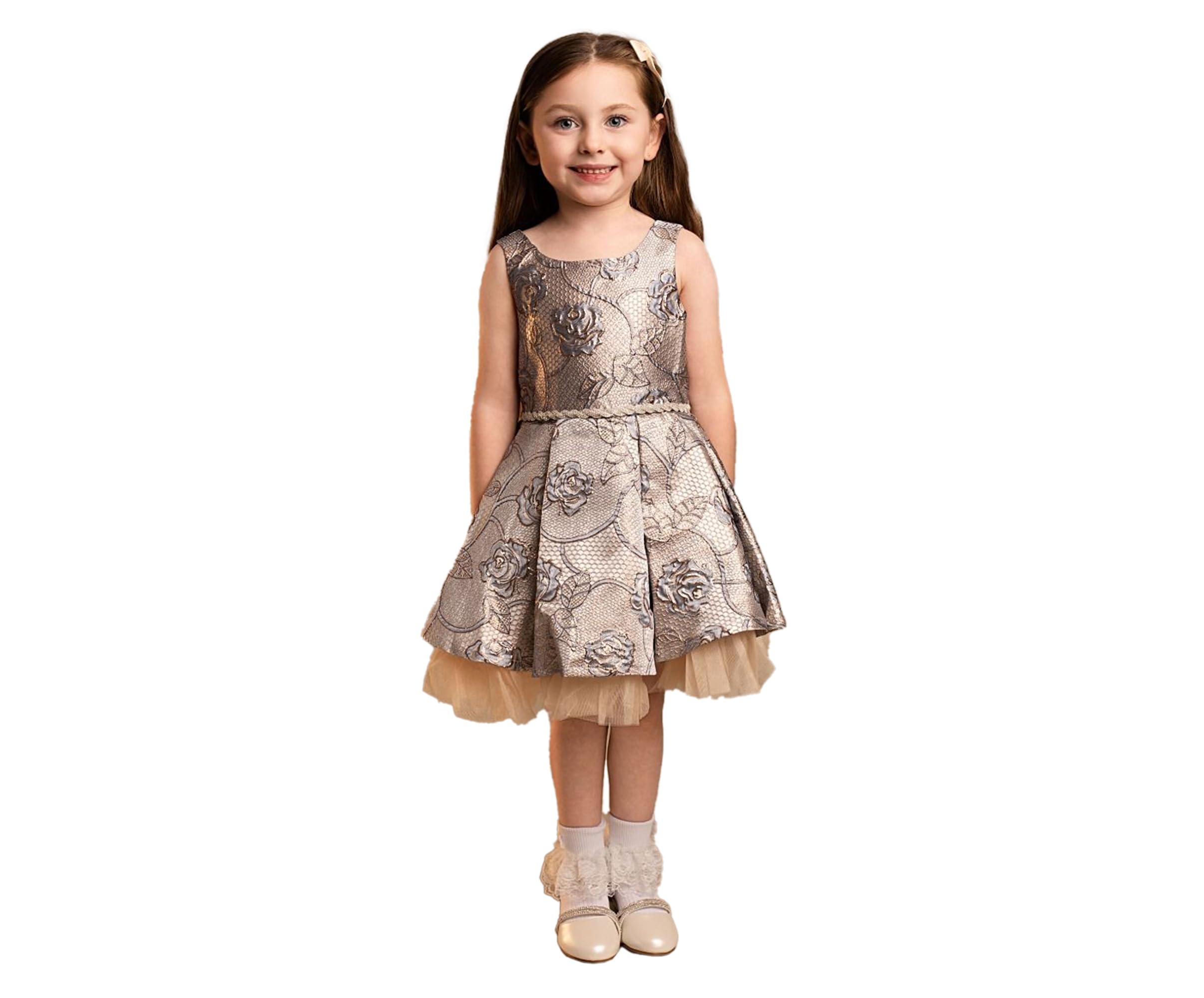 Vestido con escote alto y bajo para niña en tul y jacquard floral azul 4
