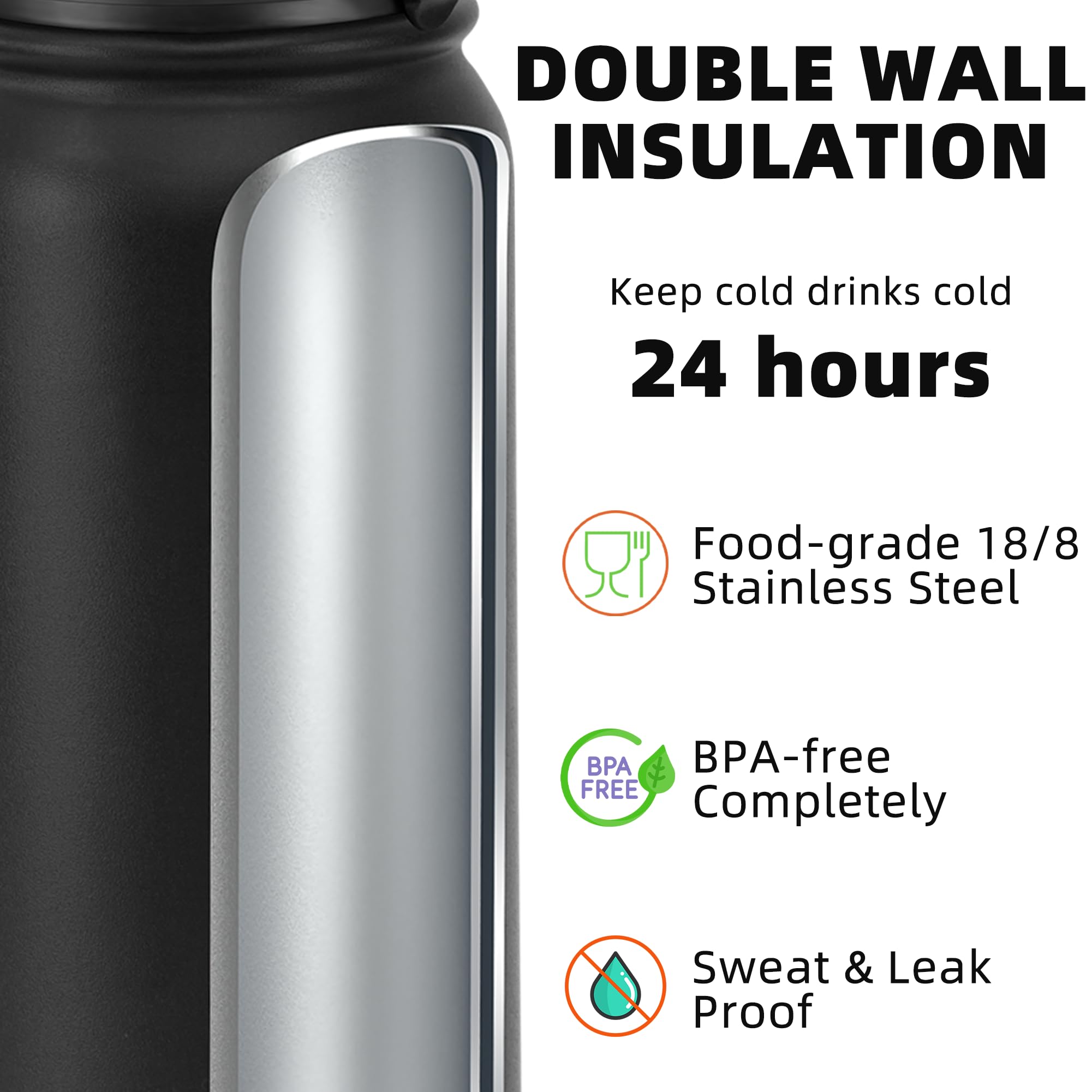 Fanhaw 600 ml Insulated Stainless Steel Water Bottle with 1 Lid (Chug Lid) - for Kids Women, Men, Black, 591 ml - Image 3