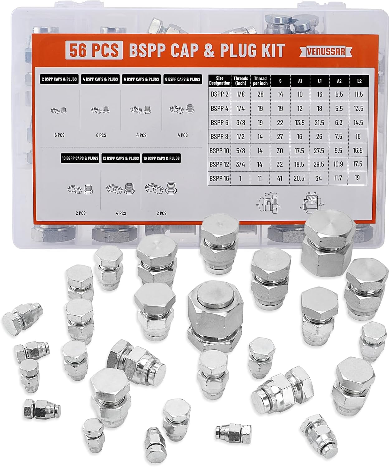 Venussar 56 Pcs BSPP Cap and Plug Kit, Hydraulic Cap and Plug Kit with