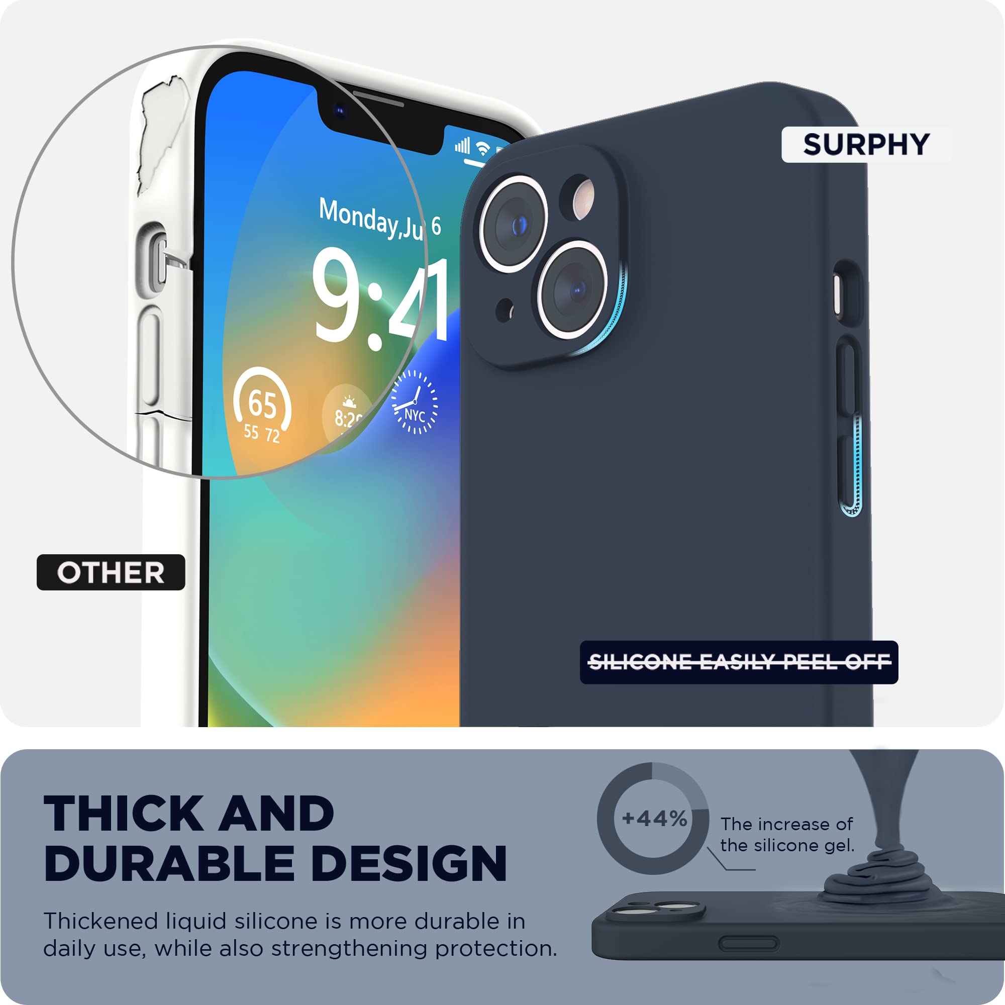 SURPHY Silicone Cover per iPhone 14 6.1 Pollici, con Vetro Temperato, Custodia Antiurto per iPhone 14, con Protezione per Ogni Lente Full Body Protettiva Case per iPhone 14 2022, Blu notte