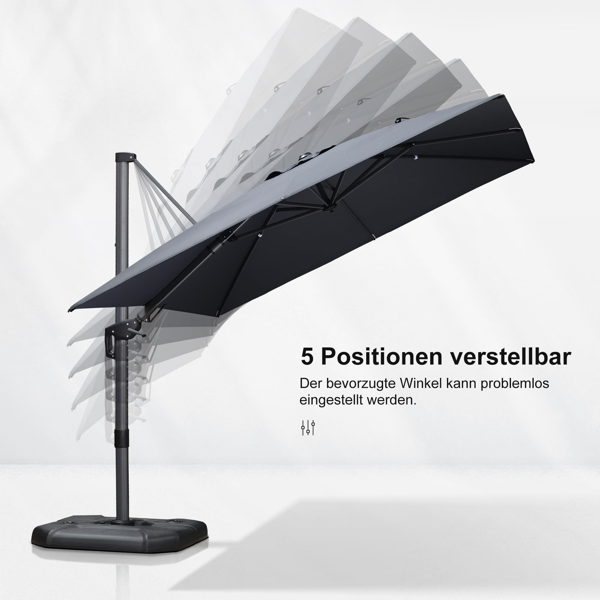 PURPLE LEAF Sonnenschirm Twist 360 × 270 cm Alu Mast 360° Rotation, Grau | Aluminiumguss-Griff, Beidseitig Axial Schwenken, Robuste 8-Streben-Konstruktion, 5-Fach Neigbar, XL-Schatten Ampelschirm