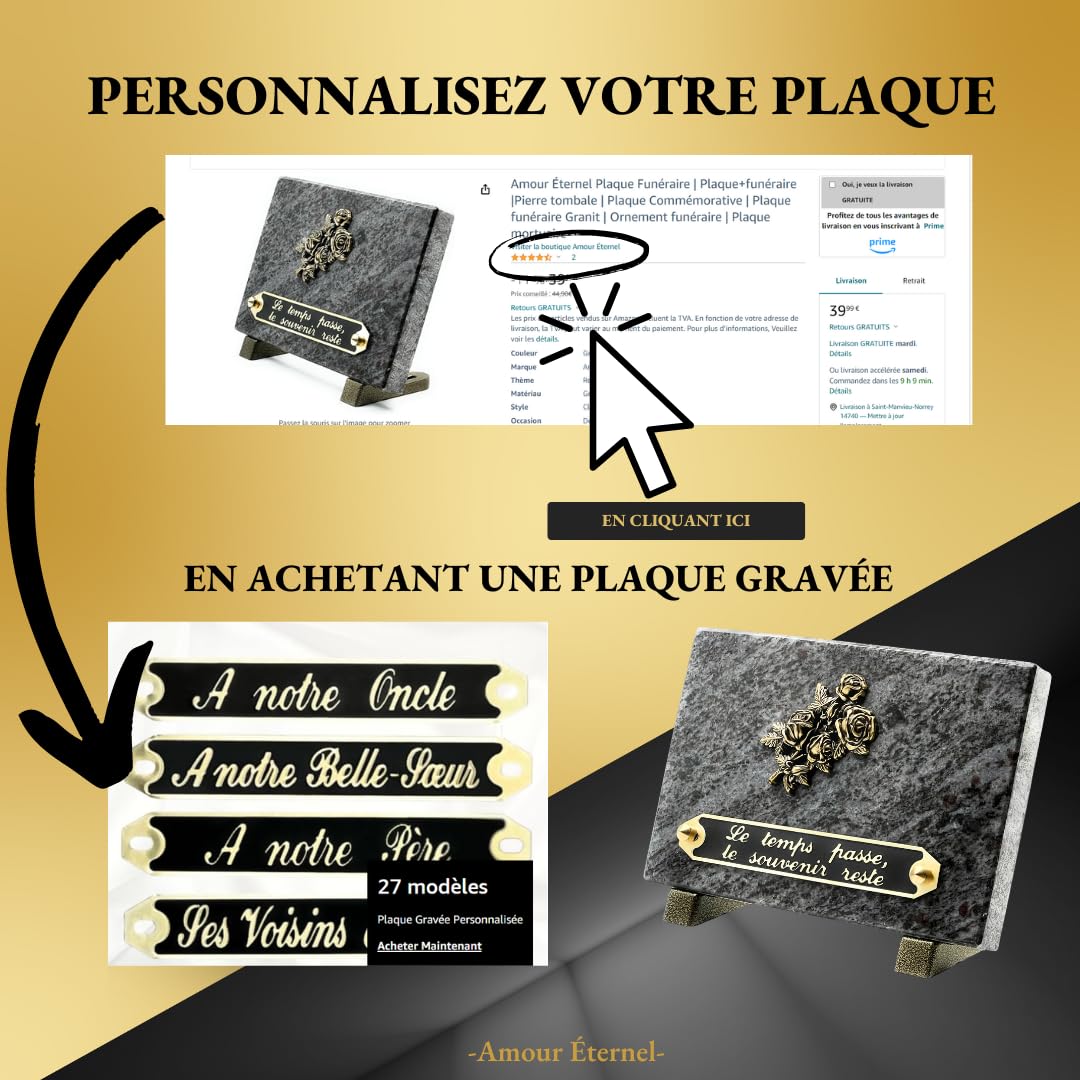 Plaque Funéraire en Granit Gris 18 x 12 cm – Plaque Commémorative Élégante avec Fleur Dorée – Ornement Funéraire Résistant aux Intempéries – Hommage Durable pour Sépulture (GRIS)