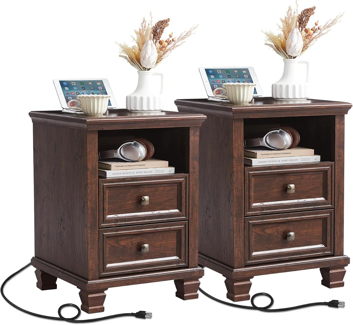 Farmhouse Nightstand Set of 2 with Charging Station, Rustic Brown Nightstand, 2 Drawers End Table, Bedside Table with Open Shelf for Bedroom, Walnut