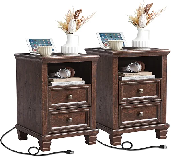 SAVOR LIFE Farmhouse Nightstand Set of 2 with Charging Station, Rustic Brown Nightstand,2 Drawers End Table for Living Room,Bedside Table with Open Shelf for Bed Room,Walnut