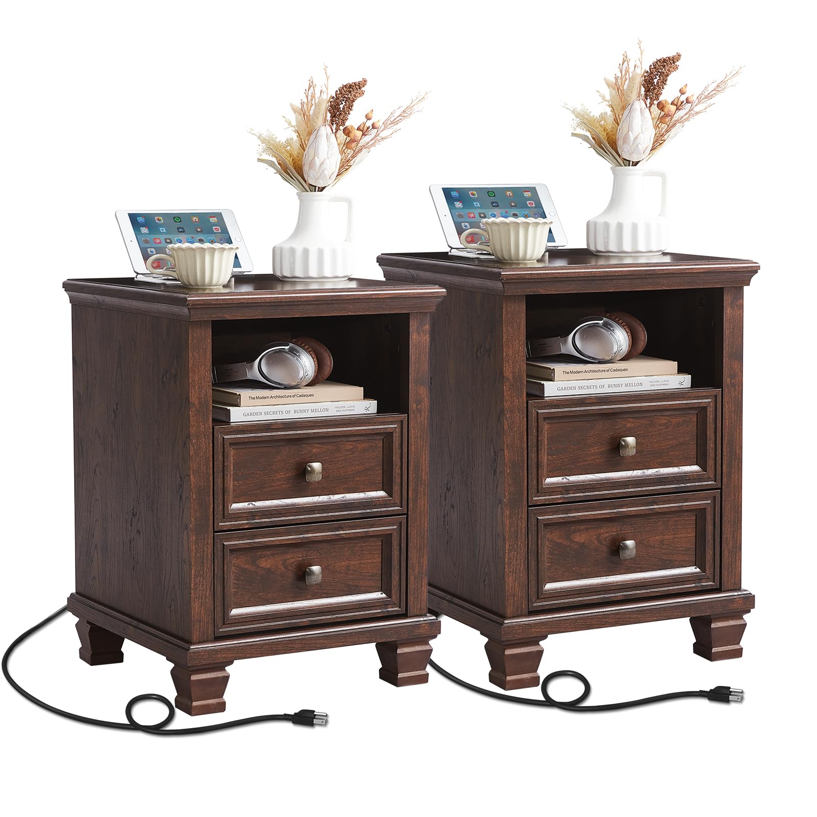 SAVOR LIFE Farmhouse Nightstand Set of 2 with Charging Station, Rustic Brown Nightstand,2 Drawers End Table for Living Room,Bedside Table with Open Shelf for Bed Room,Walnut