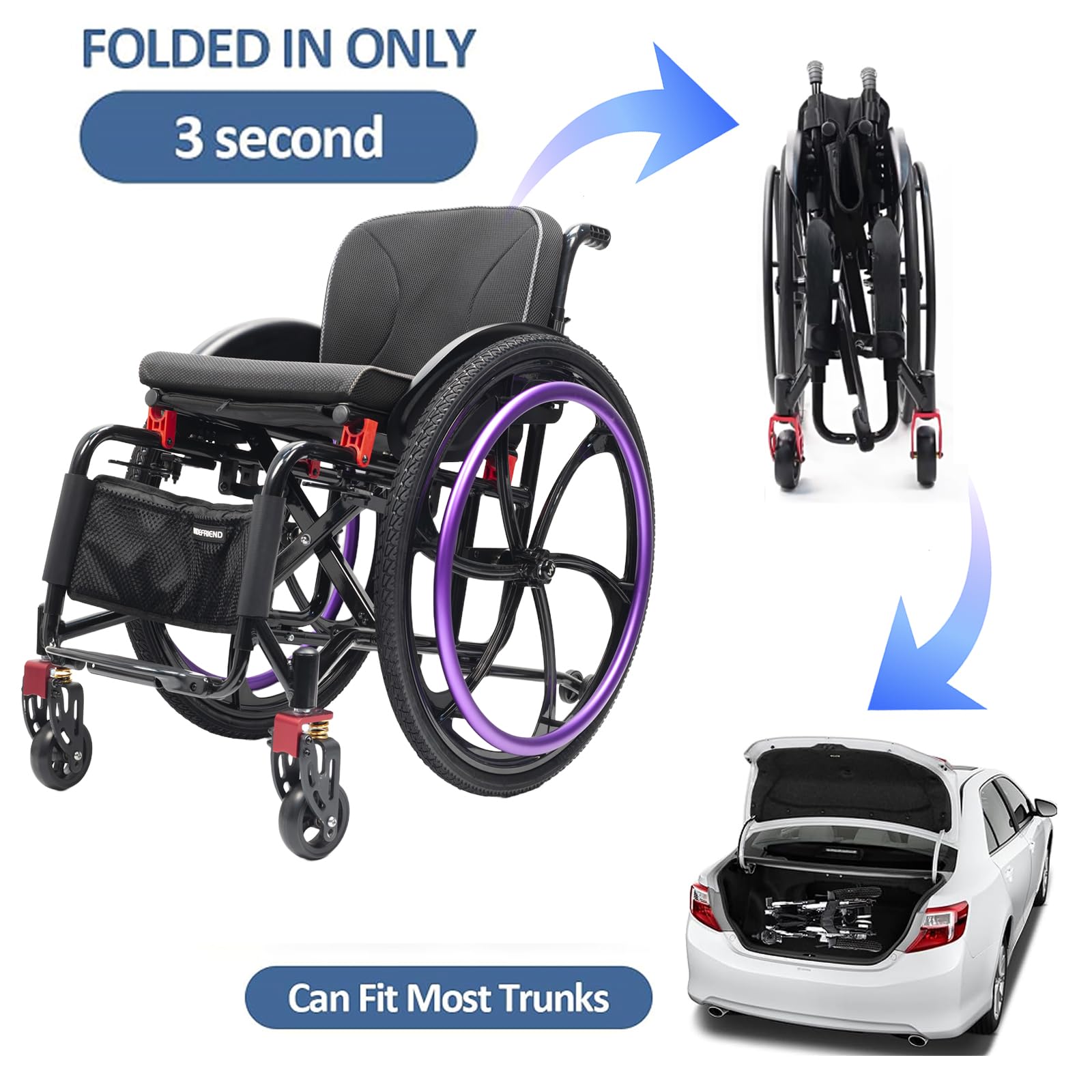 Silla de Ruedas Deportiva, Manual, Plegable, Transporte, Silla de Ruedas de Aluminio Ultraligera, Frenos manuales, Antivuelco(42cm/16.5 Seat,Purple)