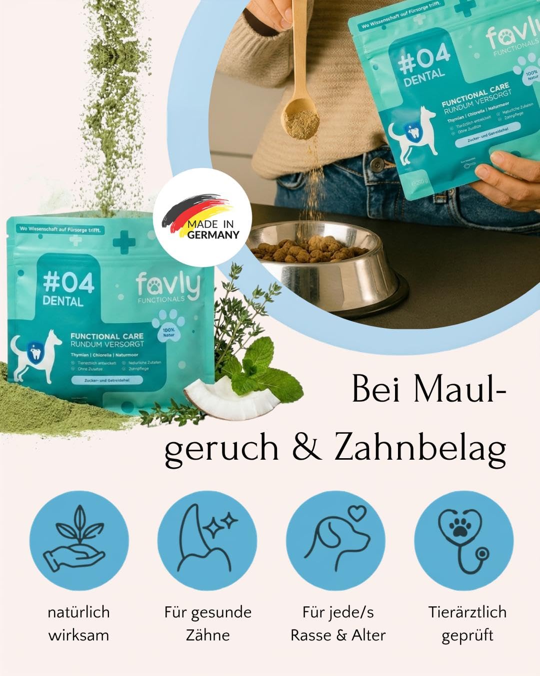 FAVLY – DENTAL polvere per la cura dei denti per cani, 250 g, mangime complementare per denti in polvere per cani contro l'alito e la placca dentale, con clorella biologica e prezzemolo, senza cereali