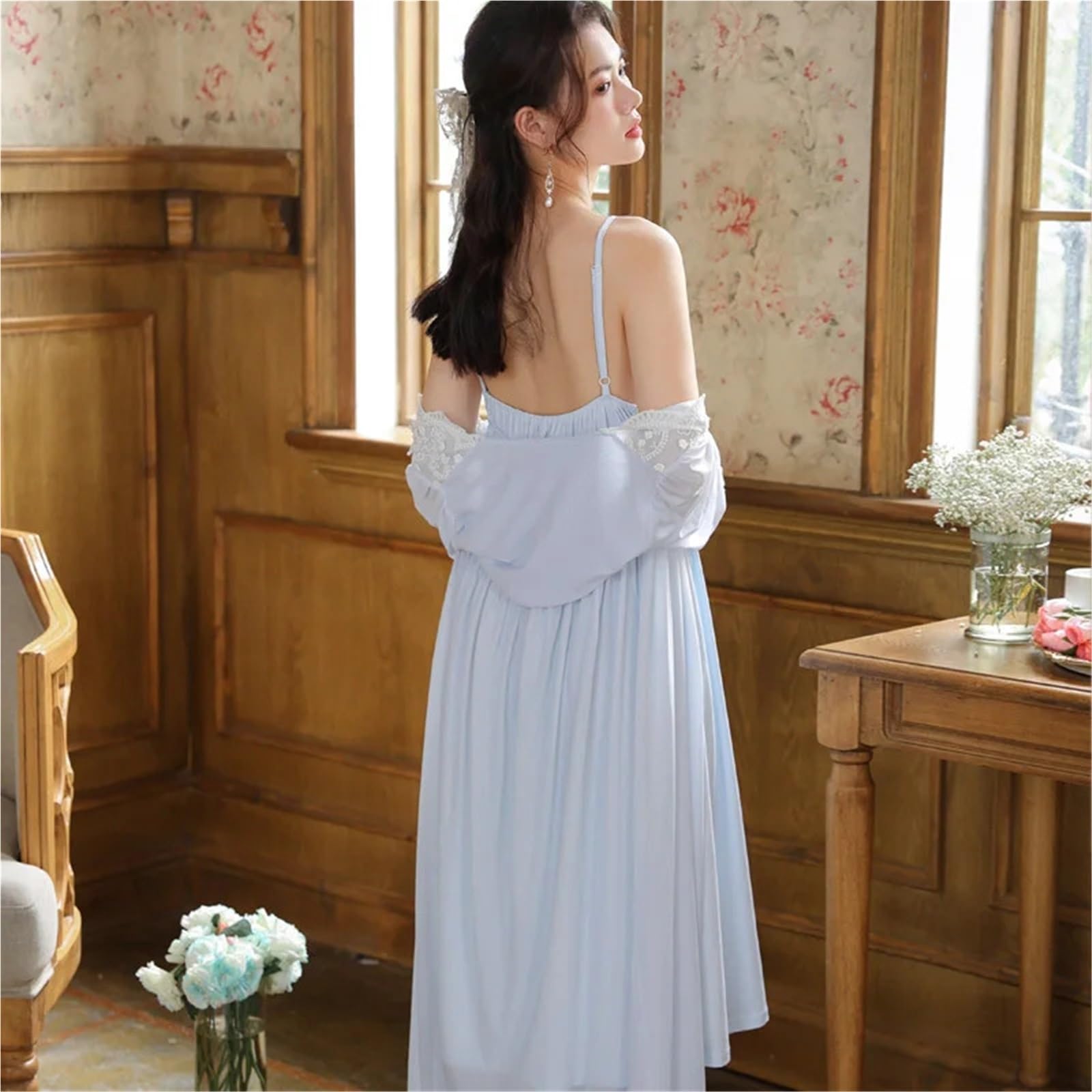 Camicia da Notte Pigiama da Principessa in Rete Set Morbida Camicia da Notte da Donna Abito da Sposa Femminile Pigiama retrò for la casa per Le Donne(White,L(50-57.5kg))