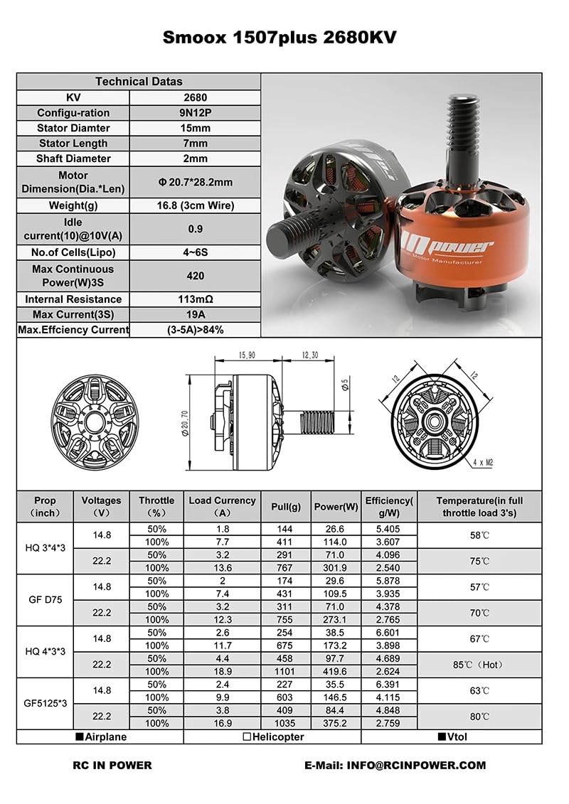 RCINPOWER SmooX 1507 Plus 2680KV 4 ~ 6S 4200KV 3 ~ 4S 3 "Cinewhoop Condotti Motore Brushless per RC FPV Racing Quadcopter Droni (4 PC 2680KV arancione)