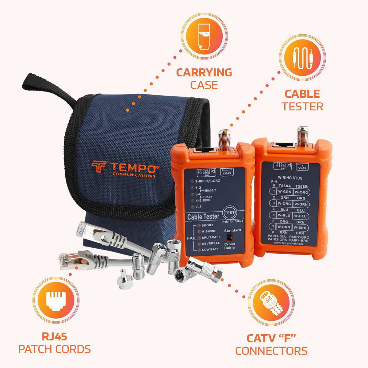 TEMPO Communications PA1594 - Probador de cable de red | Probador de continuidad de cables LAN y AV | RJ45 de 8 vías, UTP, STP, cables coaxiales (modelo 2023)