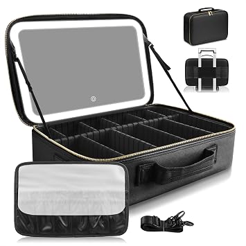 15''X11'' Large Capacity Makeup Bag with Mirror, Professional Makeup Bag Organizer with 3 Color Adjustable Brightness, Travel Make up Cosmetic Case with Detachable Dividers & Shoulder Strap