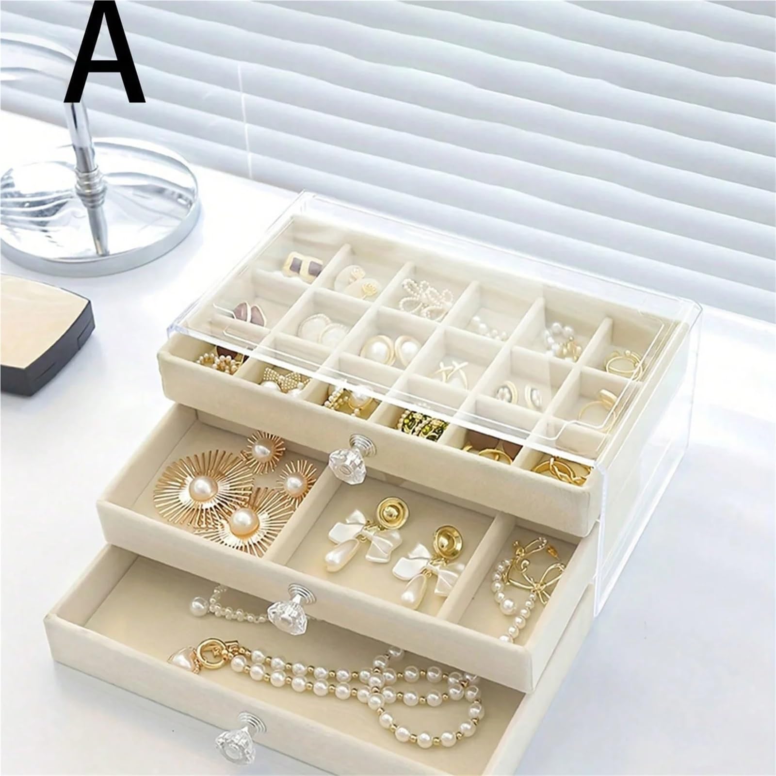 Caja Para Joyas Cajón de plástico transparente y terciopelo 3 capas, caja almacenamiento joyas, mesa exhibición con mango en forma cristal elegante, 1 ud(Beige)