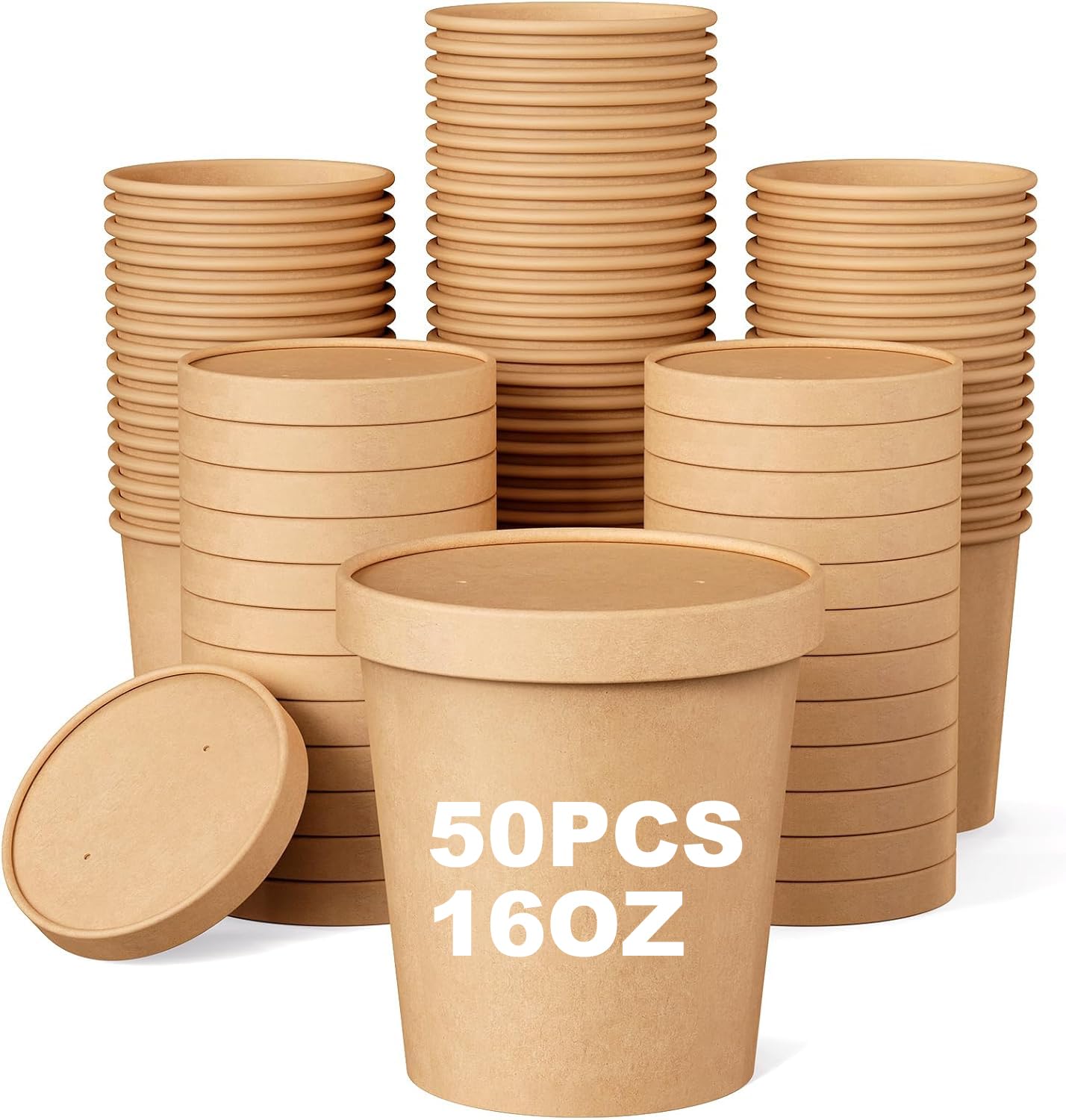 50 Pièces 16 OZ Tasses à Soupe Jetables avec Couvercle, Gobelets à Soupe à Emporter, Tasses à Soupe Carton, Gobelets en Papier à Glace, pour Micro-Ondes et Aliments Surgelés (Couvercle Brun)