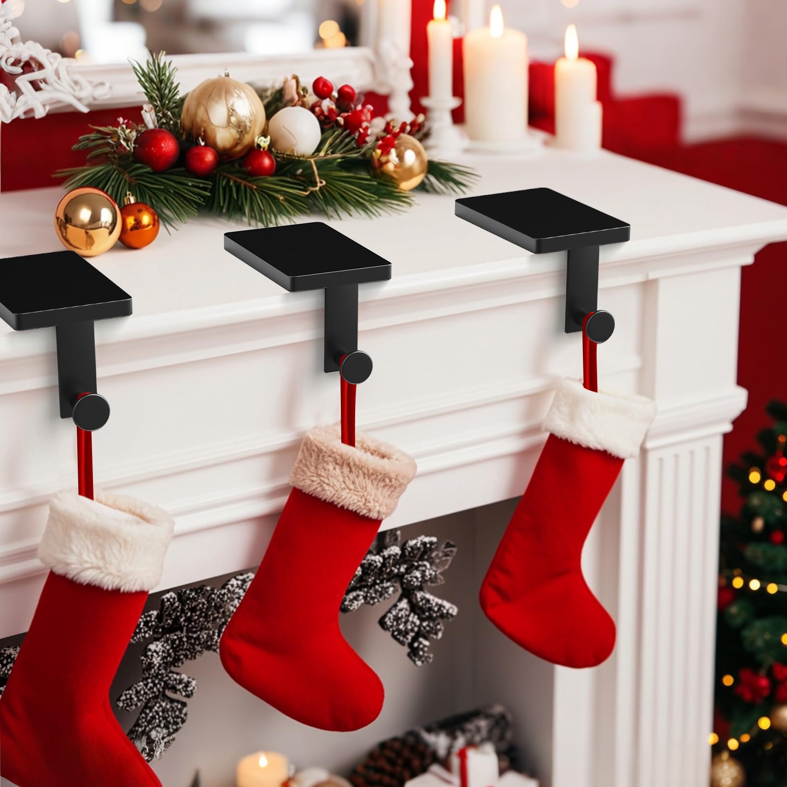 Stocking Holders for Mantle - Set 4, Weighted Metal - Christmas Stocking Holder, Stocking Hangers with Non-Slip Protective Pad, Stocking Hangers for Mantel | TV Stand | Staircase | Dresser