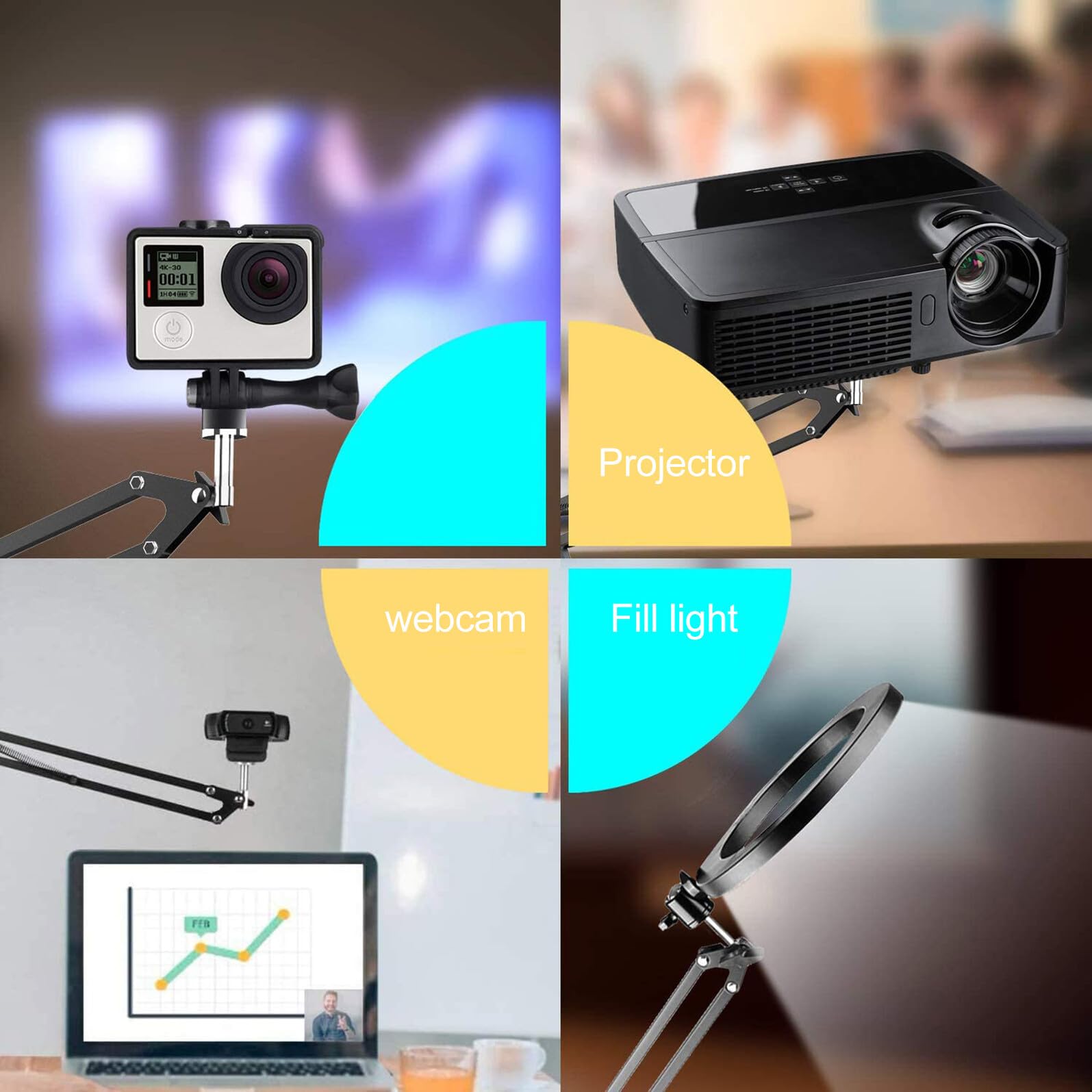 Support de Webcam Métallique Pince de Bureau, Bras Articulé Réglable 1/4 pour Fixation Caméra, Angle et Hauteur Ajustables, Utilisation Polyvalente pour Streaming