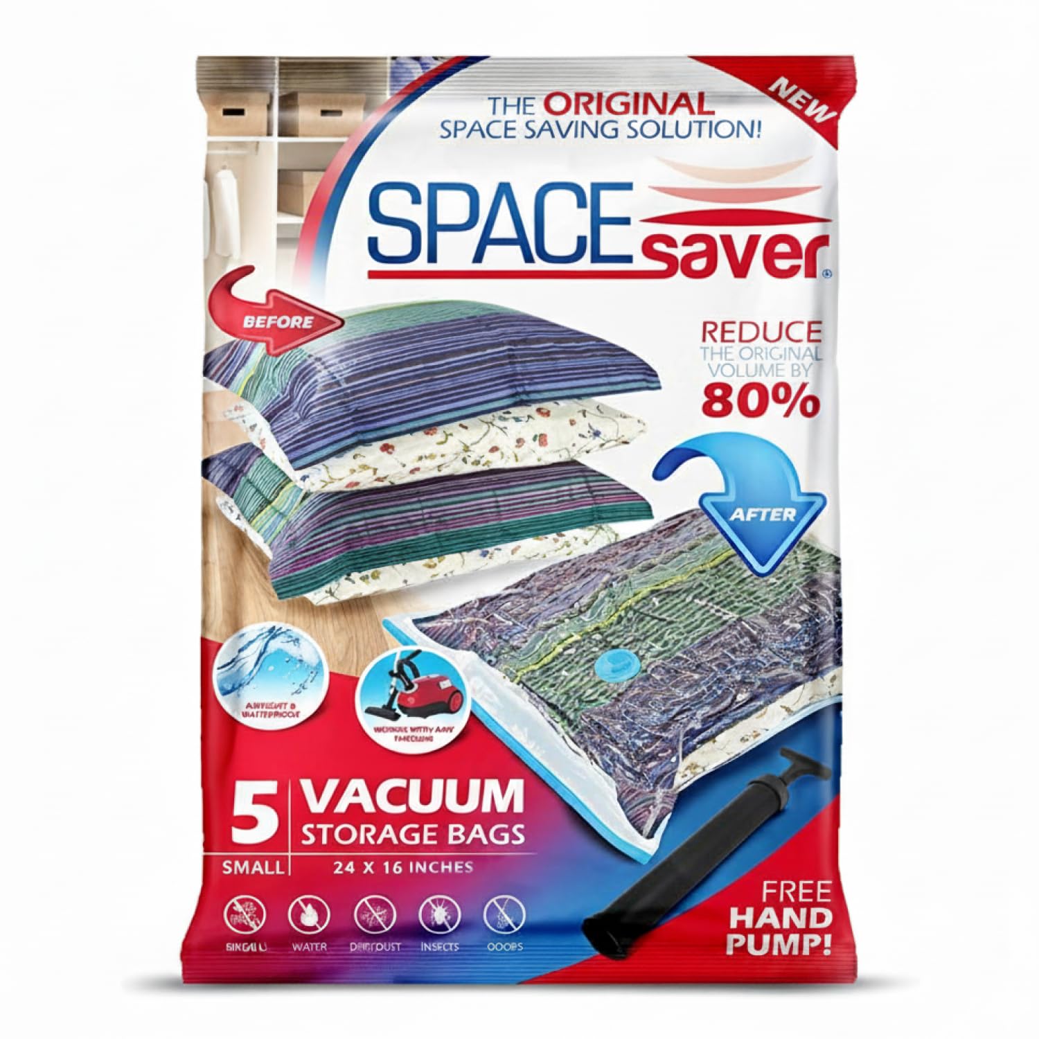 SpaceSaver Vacuum Storage Bags - Clothes Storage Bag Vacuum Pack - Space Saver Vacuum Storage Bags for Clothes Storage, Vacuum Bags for Bedding - Vacuum Bags for Clothes - with Pump (SMALL 5-Pack)