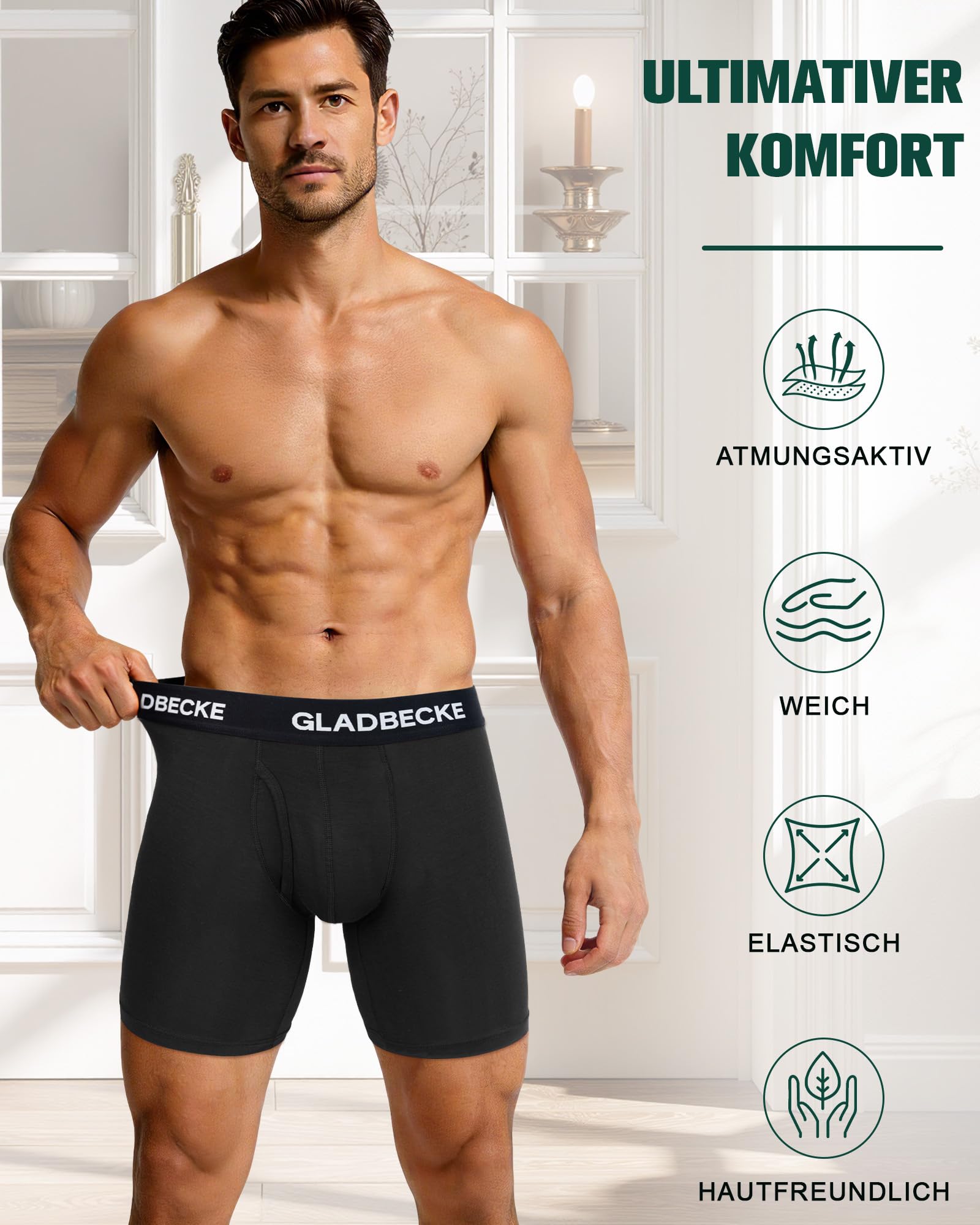 Bambus Boxershorts Herren 4er Pack mit Eingriff, Retroshorts mit langem Bein, Atmungsaktiv & Hautfreundlich Unterhosen Männer, Elastischer Komfortbund ohne Einschneiden, Etikettfrei, S–3XL