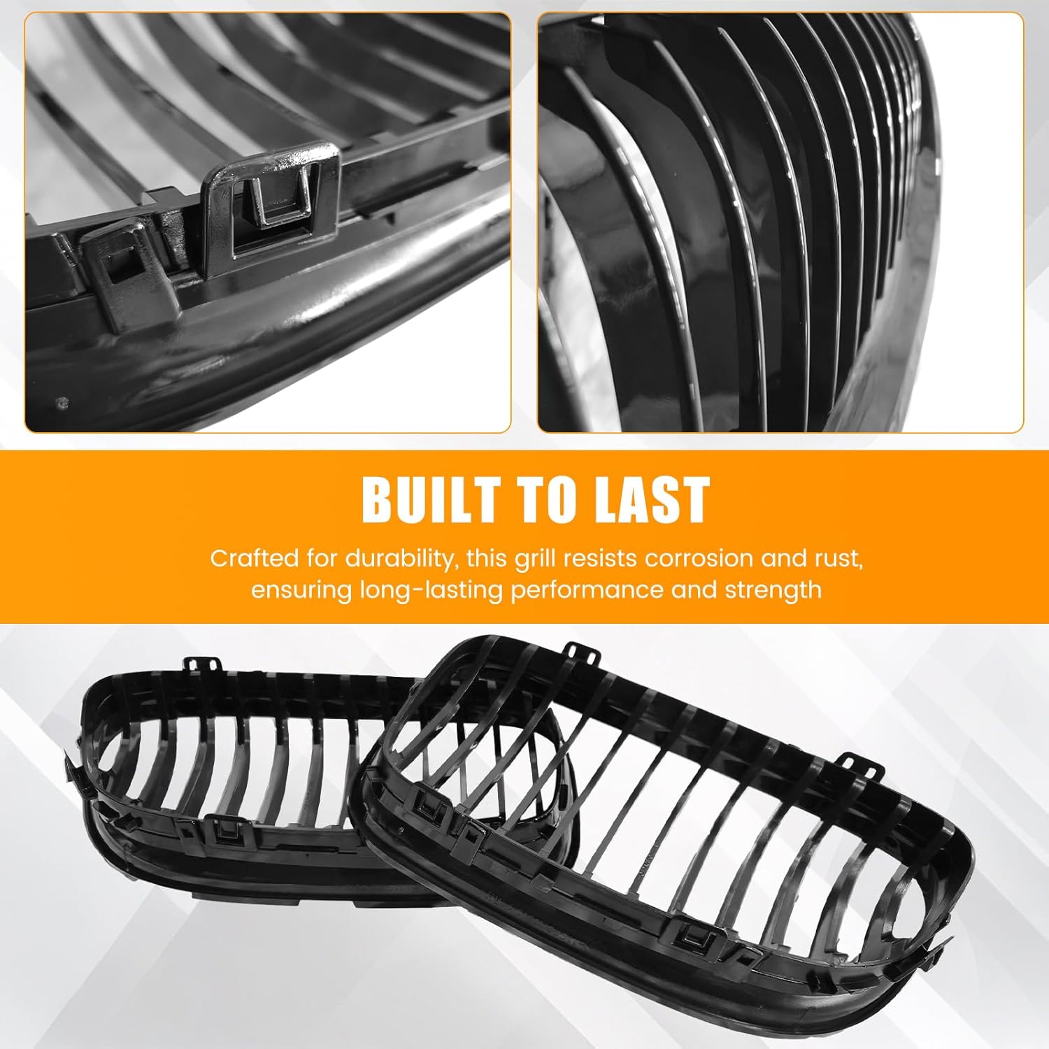 Replacement Grille for E90 Gloss Black ABS Single Slat Kidney Grill Compatible with 2009 2010 2011 BMW 3 Series 320i, 323i, 325xi, 328i, 330i, 335i Sedan LCI (Front Grille, 2pcs)